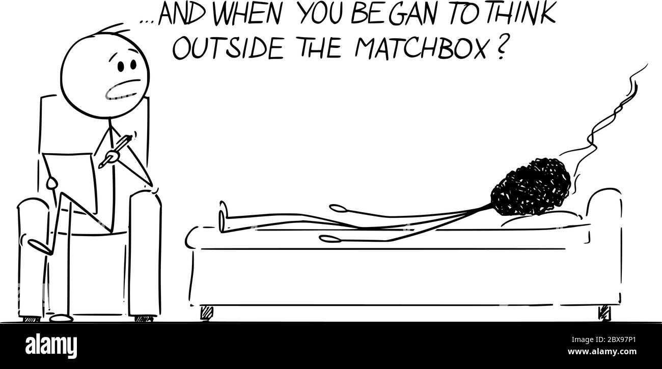 Figura vettoriale del cartone grafico disegno concettuale di uomo burnout o uomo d'affari rappresentato come incontro bruciato, parlando con psichiatra. Pensando fuori della scatola o della scatola di fiammifo. Illustrazione Vettoriale