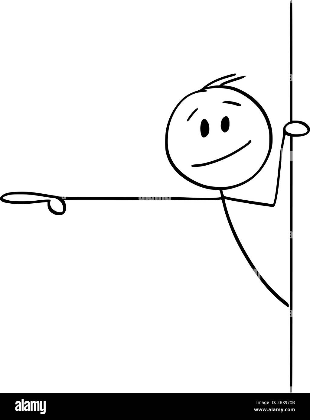 Grafico vettoriale del cartoon disegno illustrazione concettuale di uomo o uomo d'affari che si sbirciano fuori da dietro il muro e che mostrano o puntano il dito verso qualcosa. Illustrazione Vettoriale