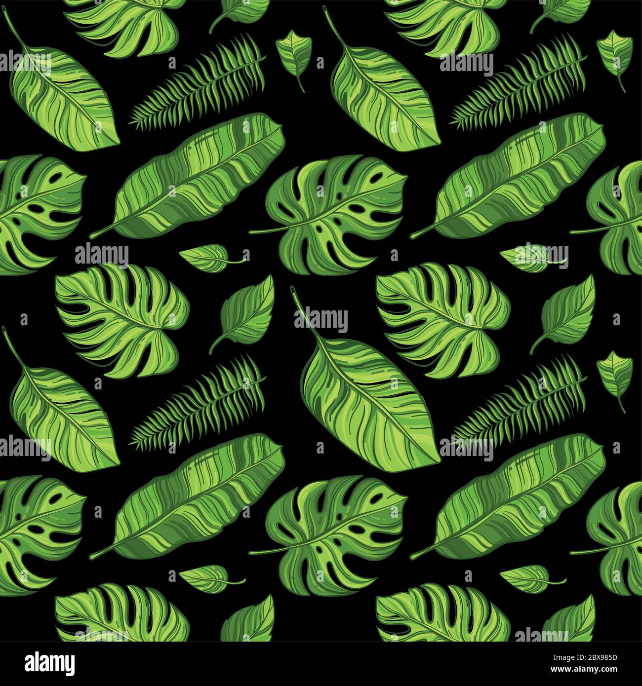 Vettore tropicale modello senza giunture con foglie esotiche di palma su sfondo nero . Illustrazione Vettoriale
