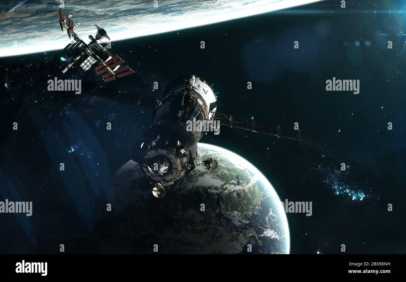 ISS, stazioni spaziali ed esopaneti in spazi profondi Foto Stock