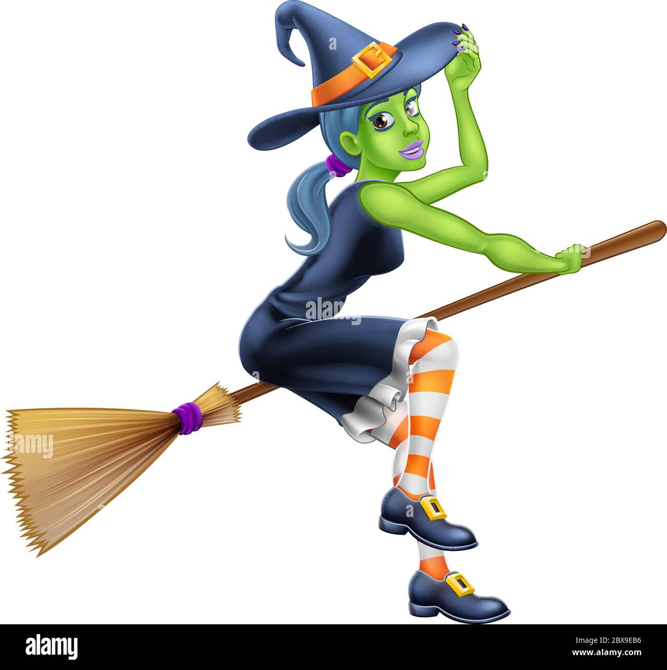 Personaggio di Witch Halloween Cartoon su un bastone Illustrazione Vettoriale