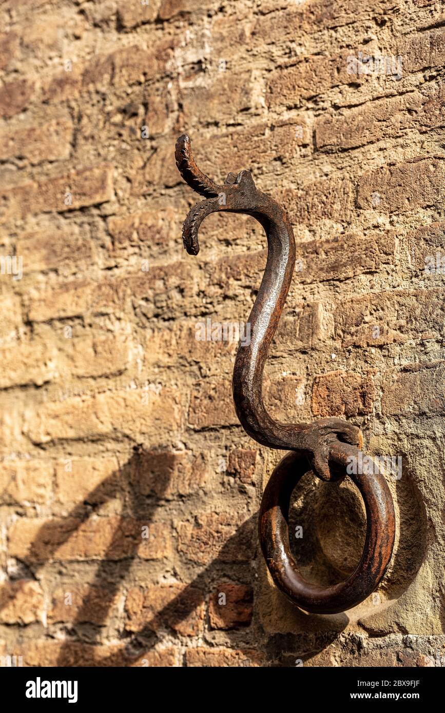 Antico anello in ferro battuto a forma di serpente o drago per legare con  corda gli animali, i cavalli, i muli o il bestiame. Bologna centro,  Emilia-Romagna Foto stock - Alamy