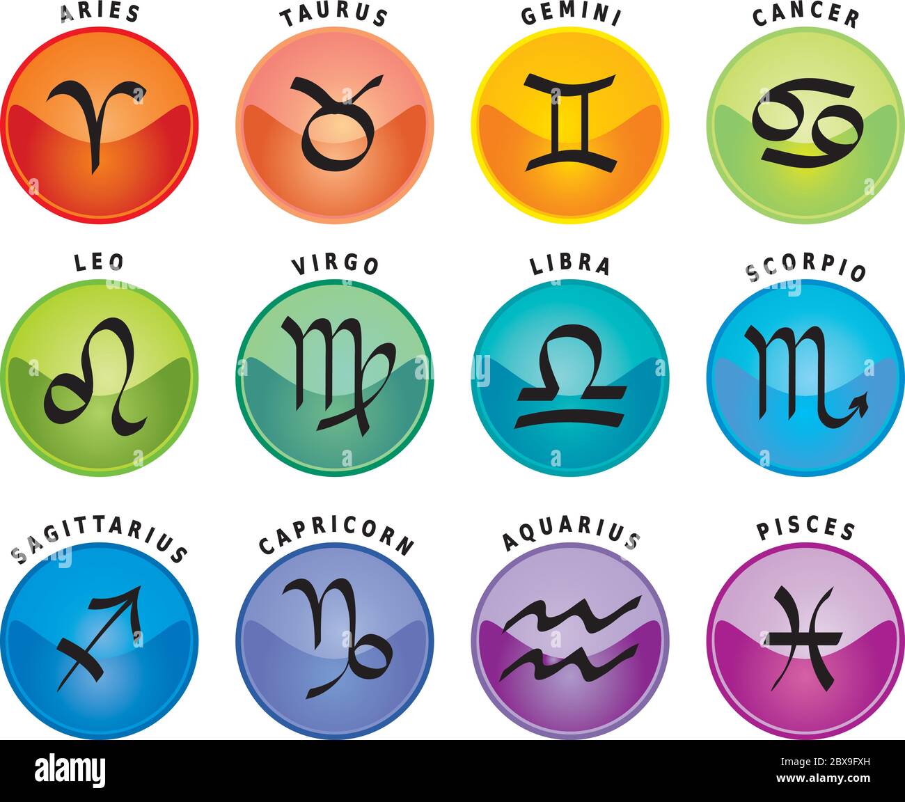 Segni zodiacali, dodici icone astrologiche con nomi in inglese Illustrazione Vettoriale