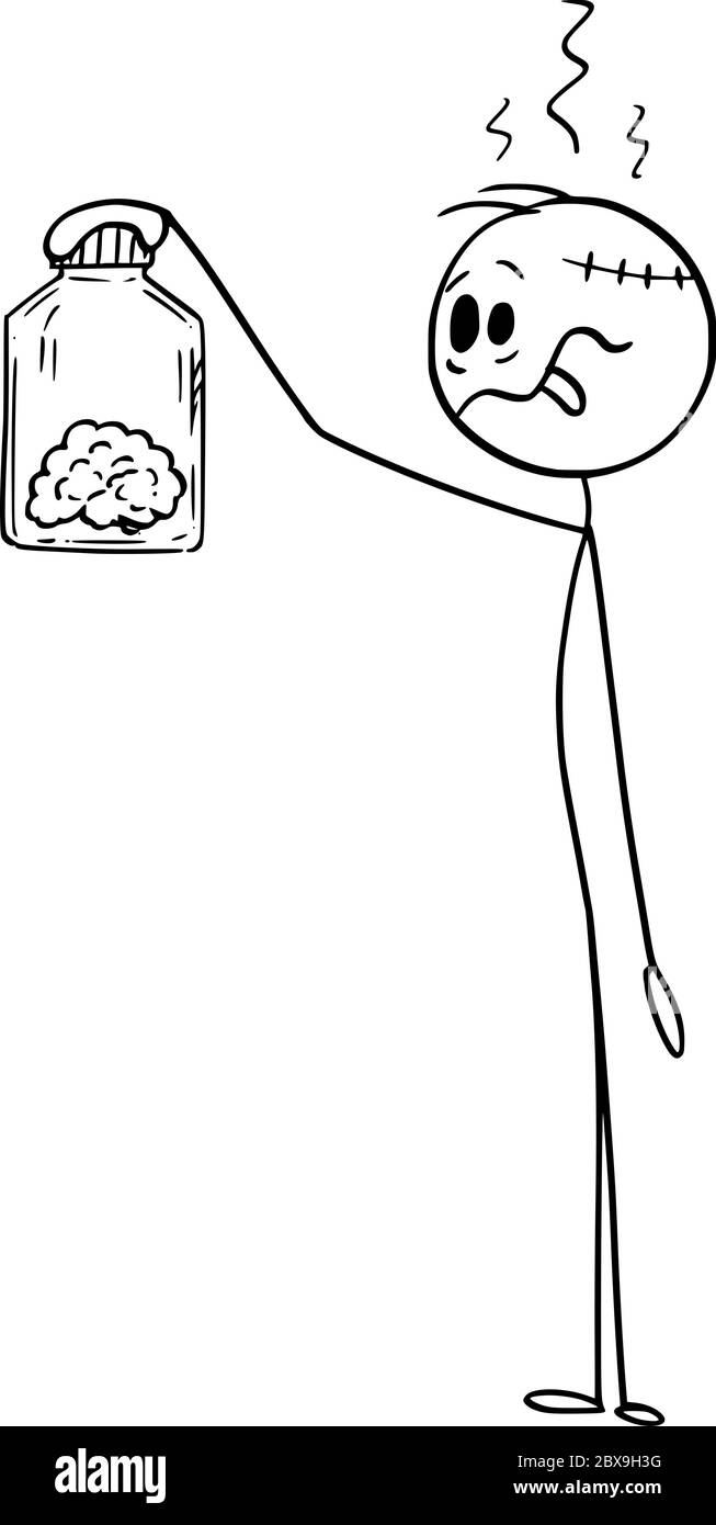 Figura del cartoon vettoriale disegno illustrazione concettuale di uomo stupido pazzo che tiene e guarda il suo cervello umano in vaso di vetro. Illustrazione Vettoriale