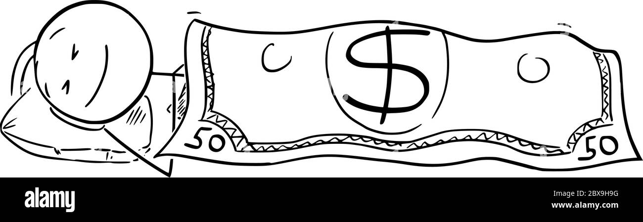 Figura del cartoon vettoriale disegno illustrazione concettuale di uomo felice o uomo d'affari che dorme sotto la banconota o la fattura del dollaro USA come coperta. Illustrazione Vettoriale