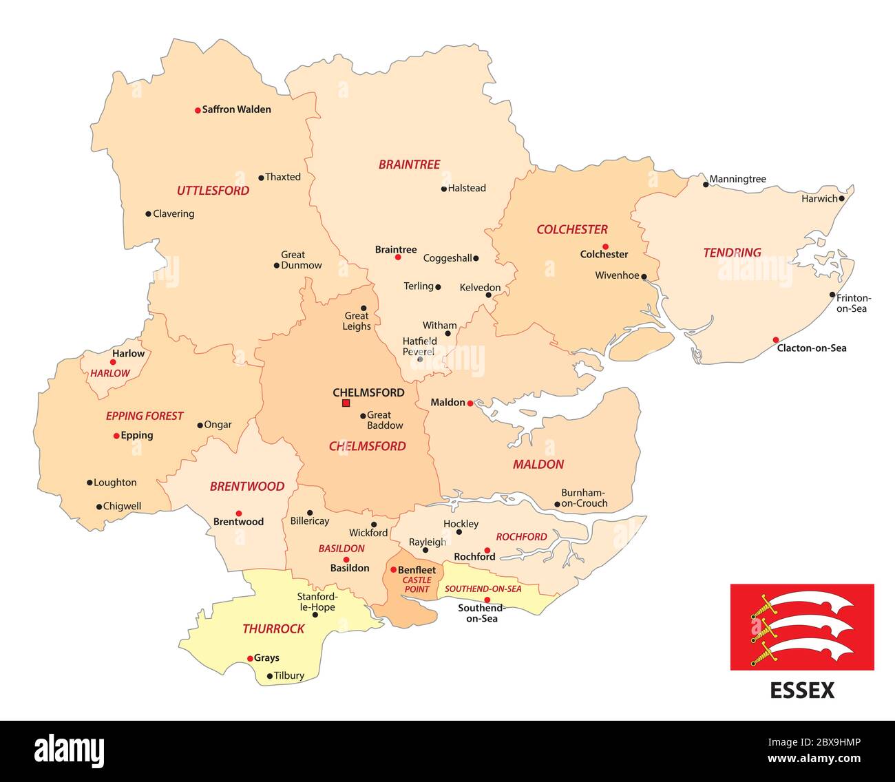 mappa amministrativa vettoriale della contea inglese essex con bandiera Illustrazione Vettoriale
