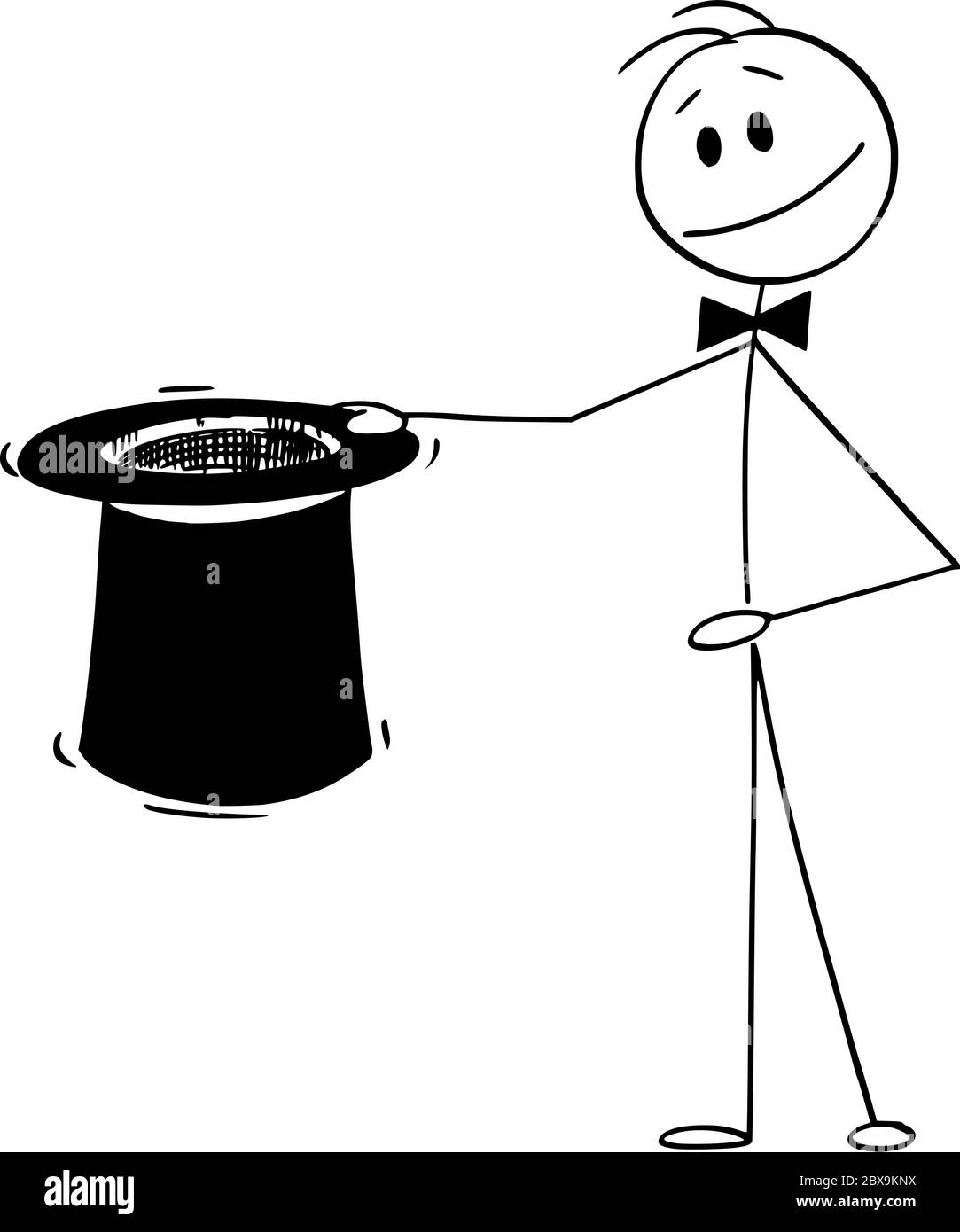 Vettore cartoon figura disegno disegno disegno concettuale di mago tenendo grande cappello nero top pronto a fare qualche magia. Illustrazione Vettoriale