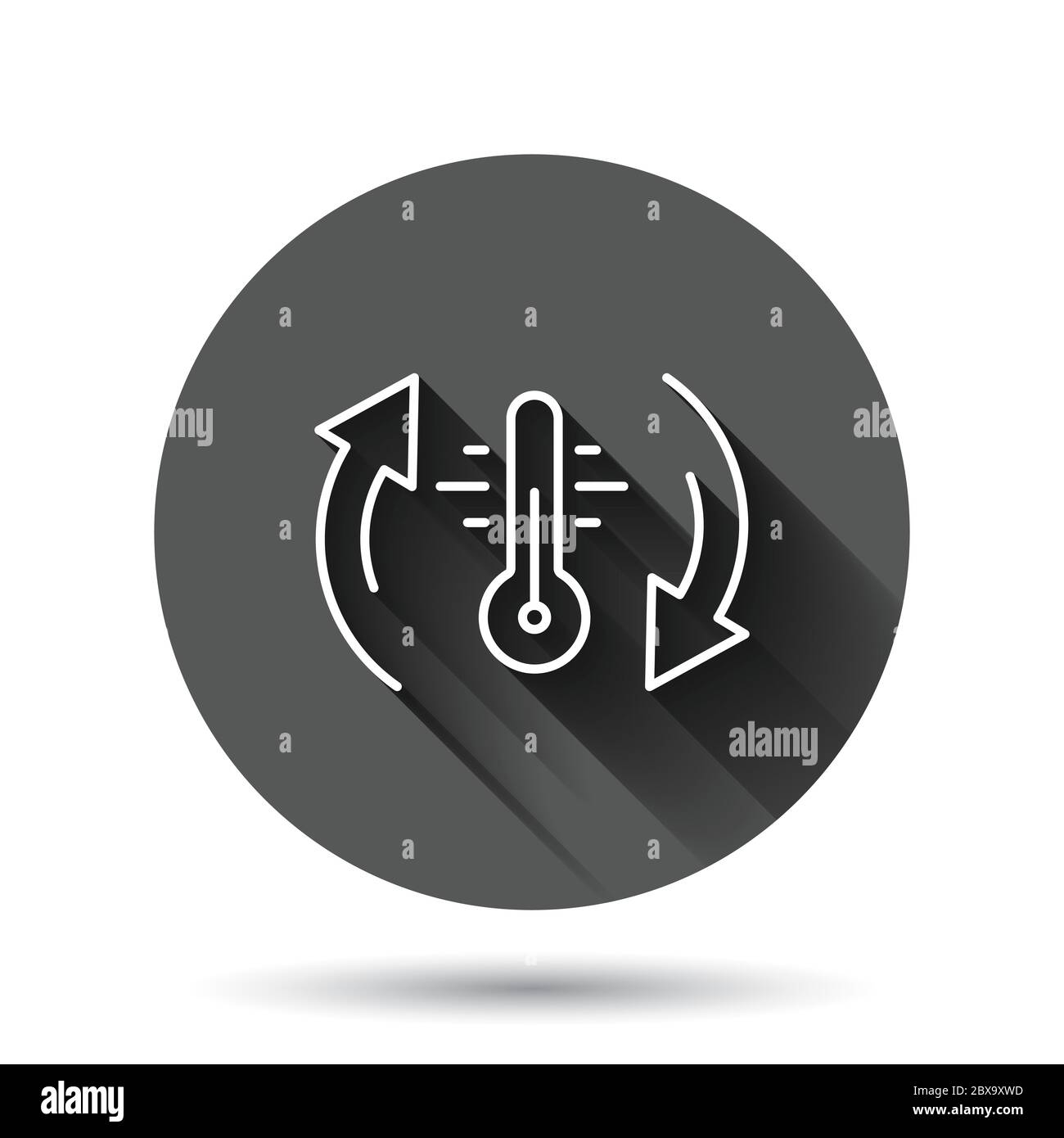 Icona del climatizzatore del termometro in stile piatto. Illustrazione vettoriale del bilanciamento meteorologico su sfondo nero rotondo con effetto di ombra lungo. Caldo, freddo t Illustrazione Vettoriale