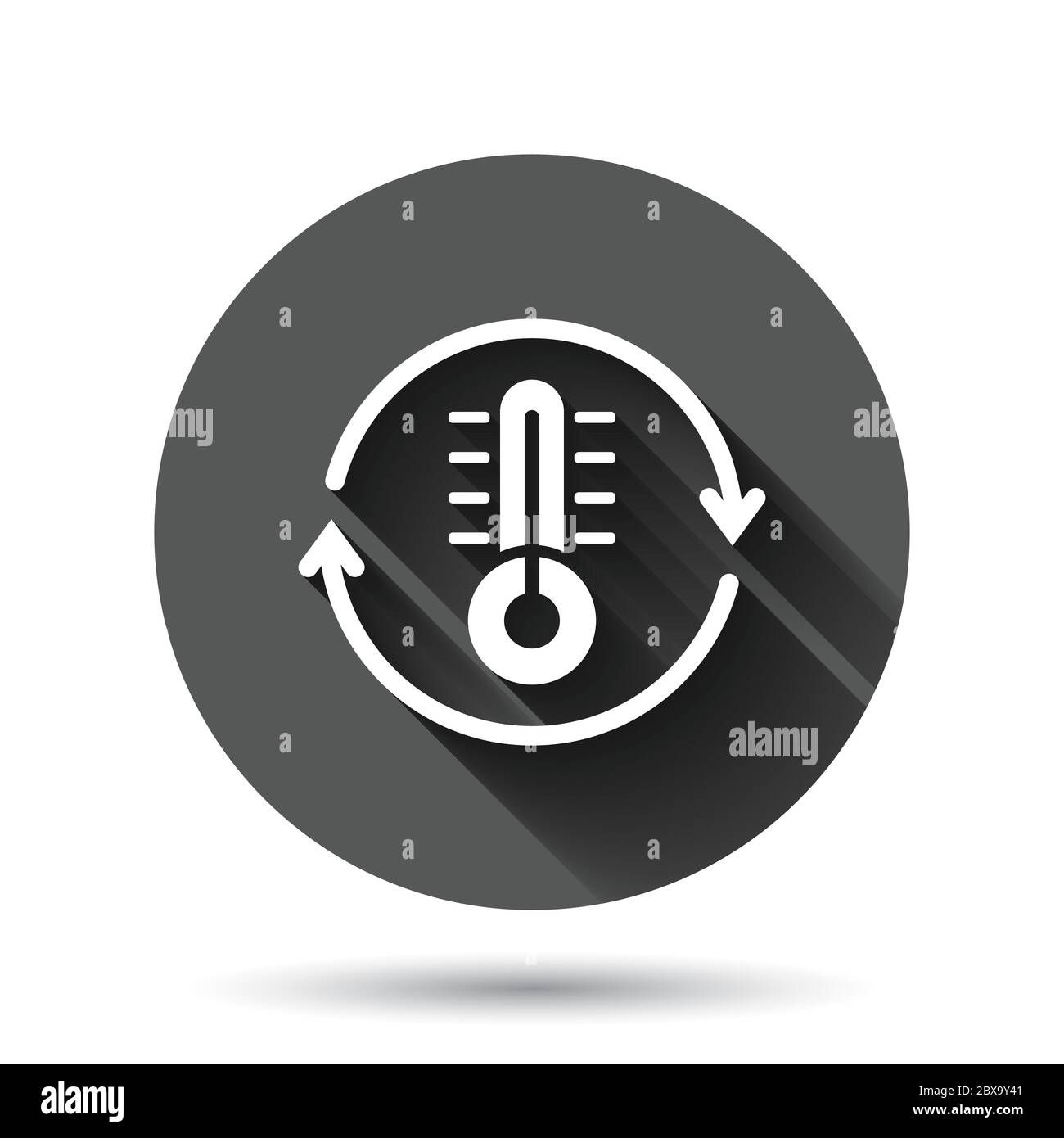 Icona del climatizzatore del termometro in stile piatto. Illustrazione vettoriale del bilanciamento meteorologico su sfondo nero rotondo con effetto di ombra lungo. Caldo, freddo t Illustrazione Vettoriale