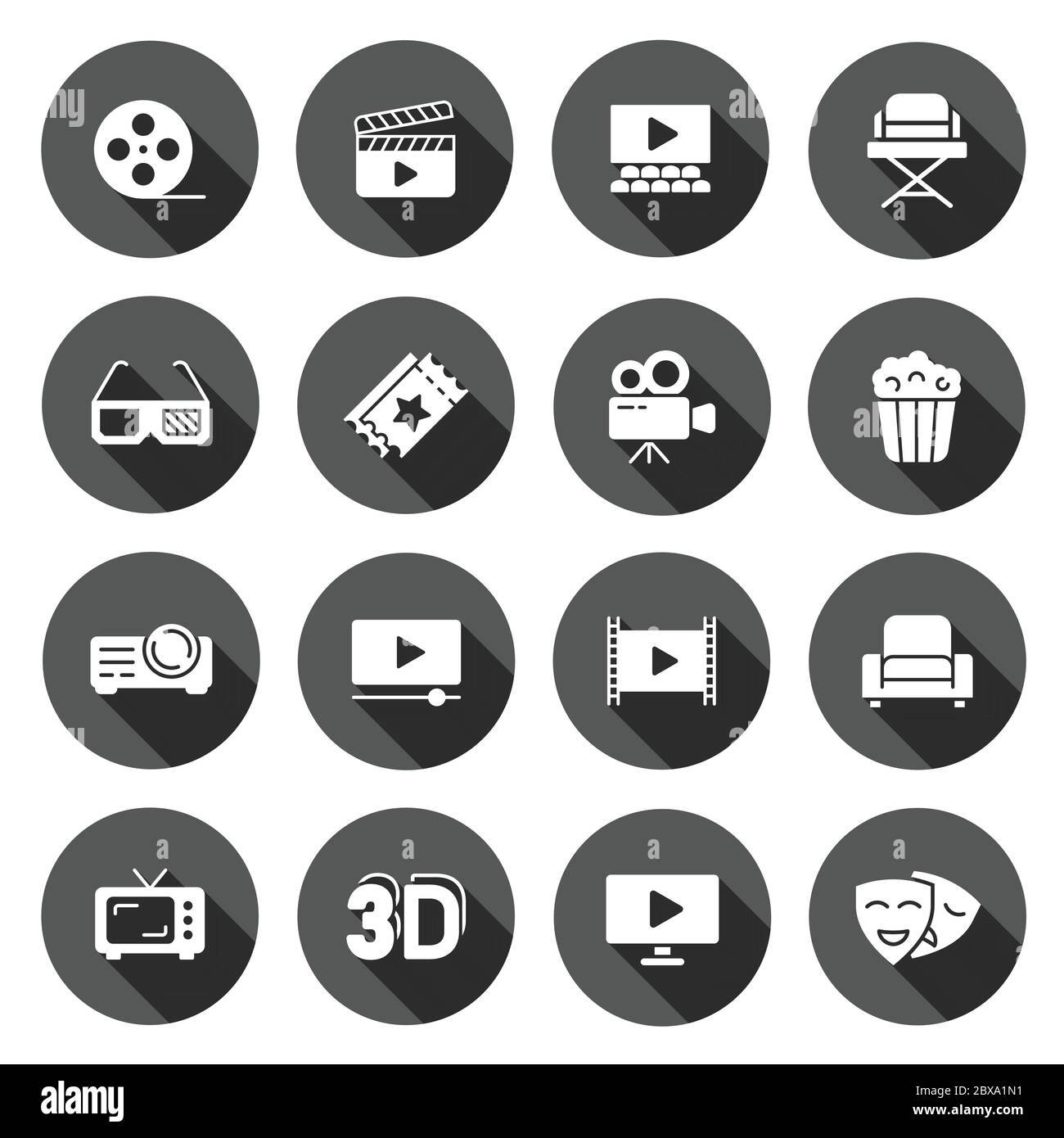 Icona della linea cinematografica in stile piatto. Intrattenimento Imposta l'illustrazione vettoriale su sfondo nero rotondo con effetto di ombra lungo. Bus del pulsante circolare del supporto video Illustrazione Vettoriale