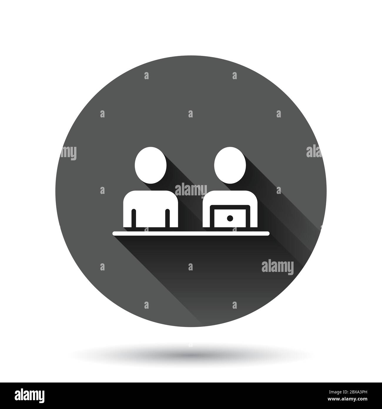 Persone con icona computer portatile in stile piatto. Immagine vettoriale dell'utente del PC su sfondo nero rotondo con effetto di ombra lungo. Cerchio di Office manager b Illustrazione Vettoriale