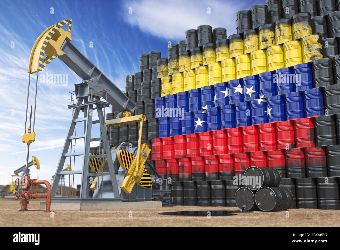 Produzione ed estrazione di petrolio in Venezuela. Martinetto per pompa dell'olio e barili di olio con bandiera venezuelana. illustrazione 3d Foto Stock