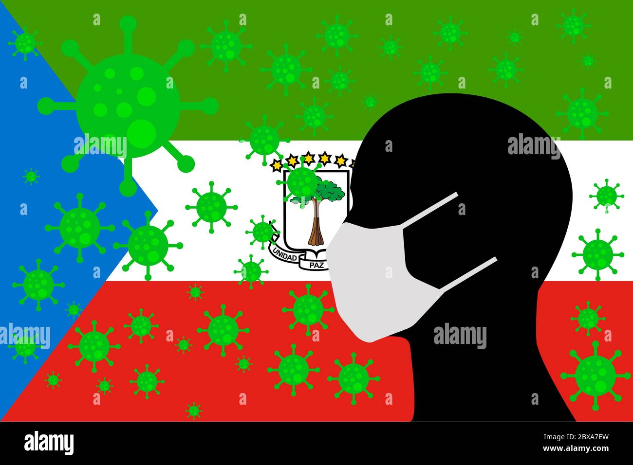 Umano che usa maschere per la bocca o copricostano circondato da virus con bandiera DELLA GUINEA EQUATORIALE Foto Stock