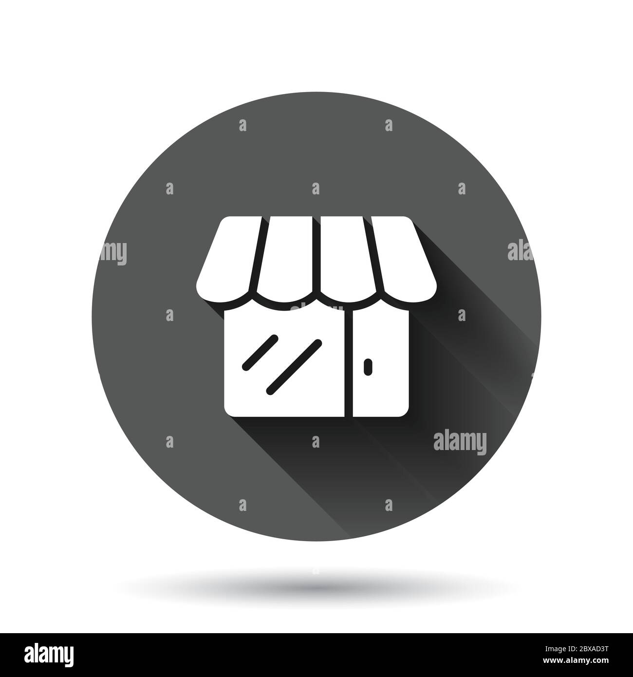 Icona del centro commerciale in stile piatto. Memorizzare l'illustrazione vettoriale su sfondo nero rotondo con effetto di ombra lungo. Acquista il concetto di business dei pulsanti Circle. Illustrazione Vettoriale