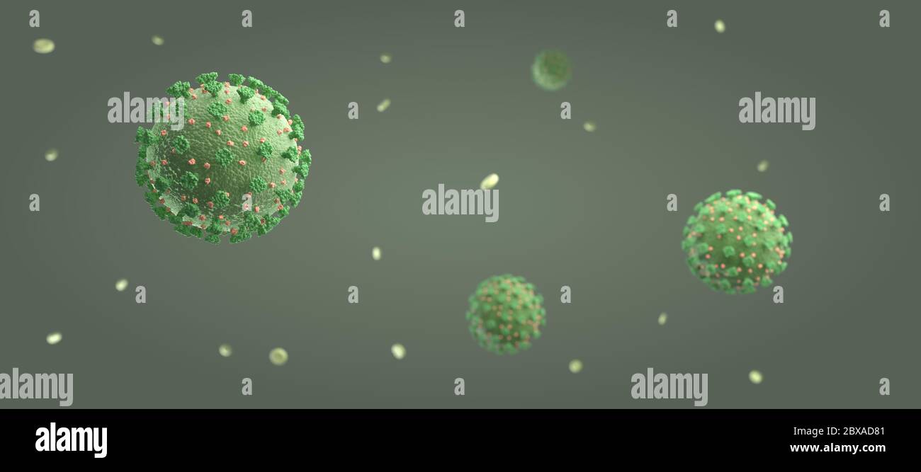 Banner di coronavirus COVID-19 visto al microscopio in un ambiente verde, rappresentazione 3d illustrazione Foto Stock