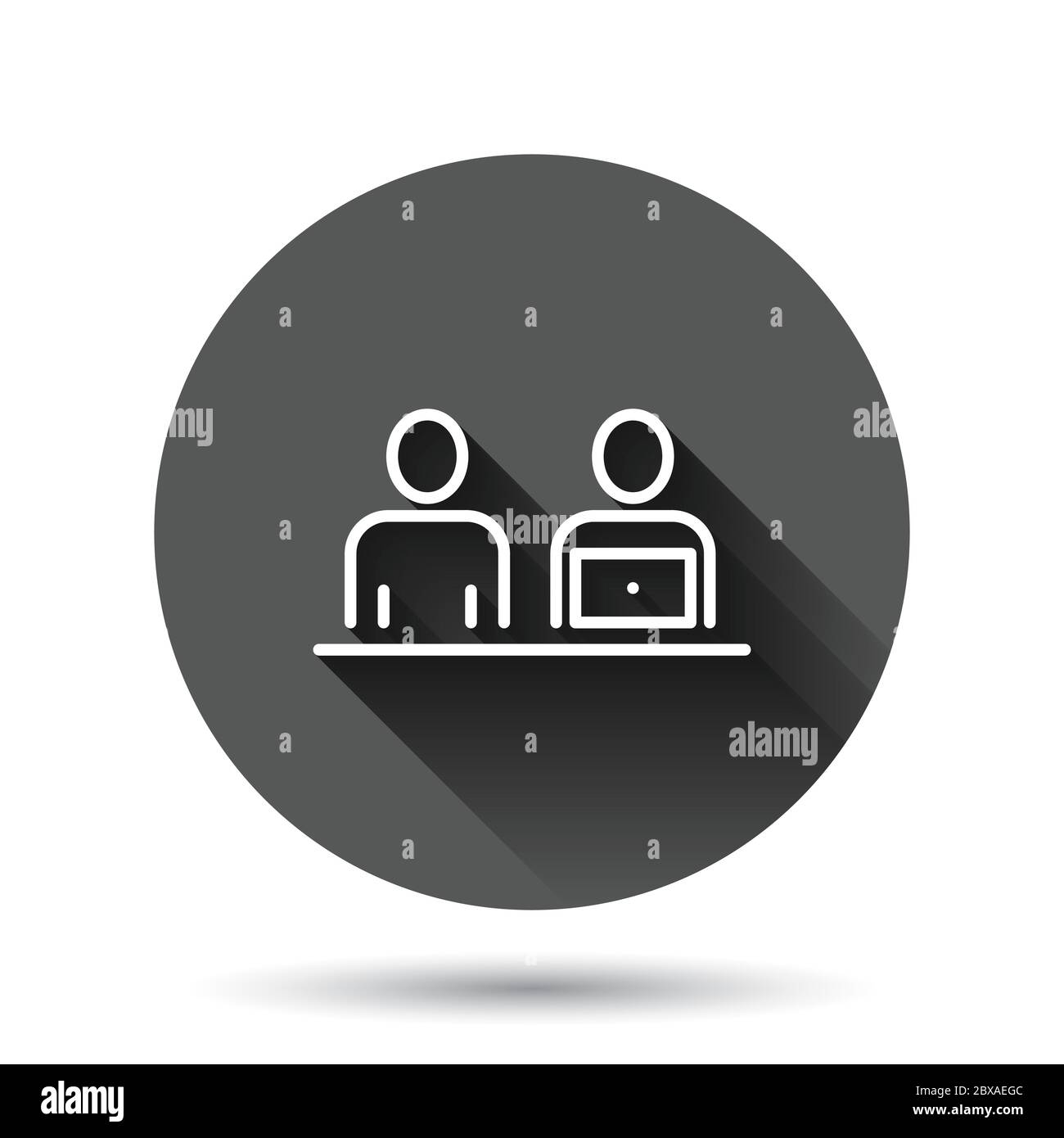 Persone con icona computer portatile in stile piatto. Immagine vettoriale dell'utente del PC su sfondo nero rotondo con effetto di ombra lungo. Cerchio di Office manager b Illustrazione Vettoriale