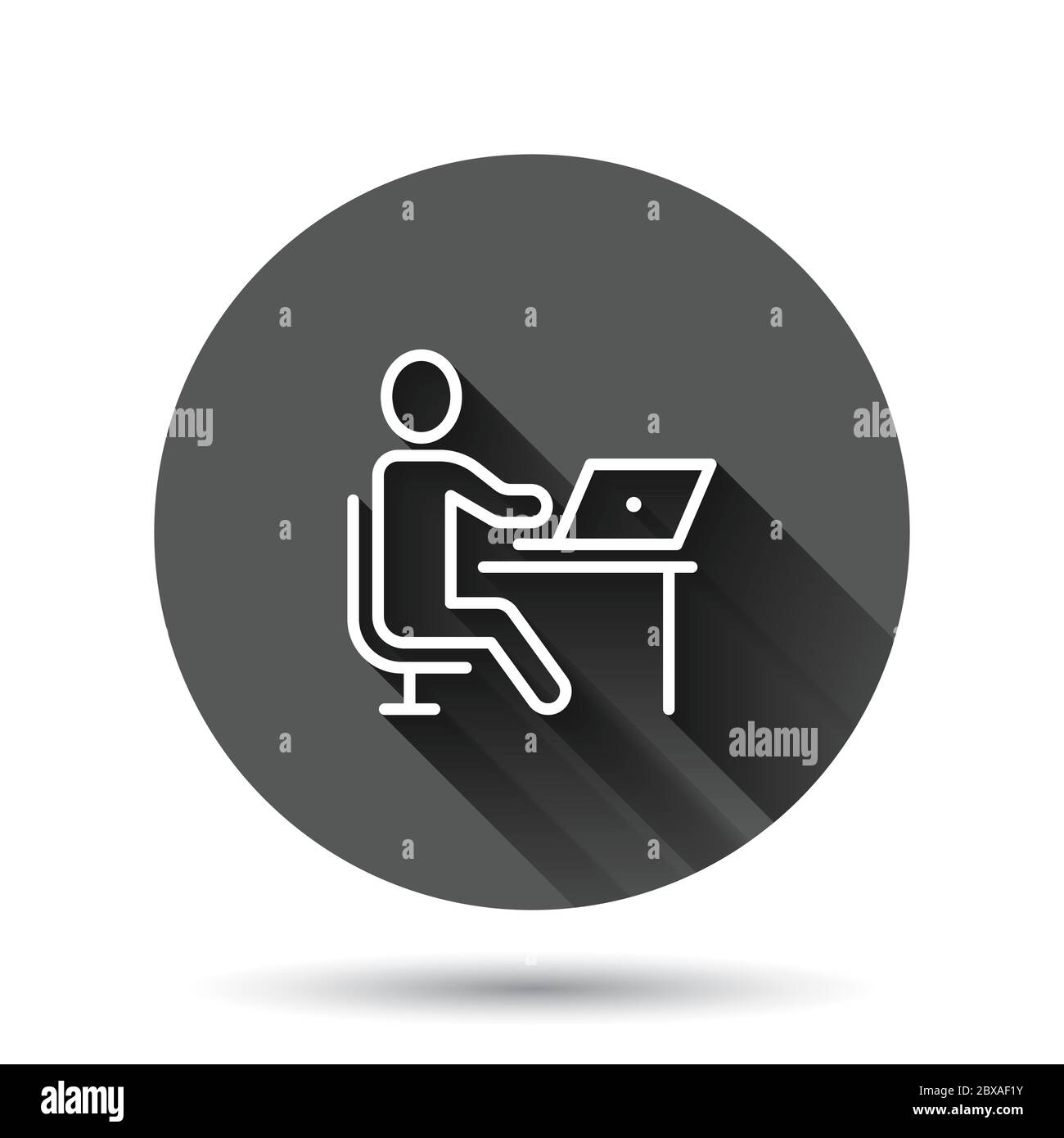 Persone con icona computer portatile in stile piatto. Immagine vettoriale dell'utente del PC su sfondo nero rotondo con effetto di ombra lungo. Cerchio di Office manager b Illustrazione Vettoriale