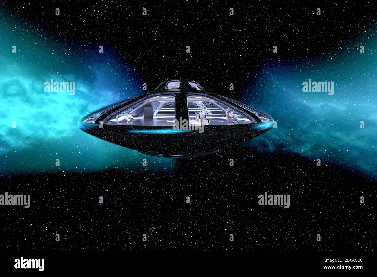 ufo nave spaziale galleggiante sullo spazio, illustrazione 3d Foto Stock