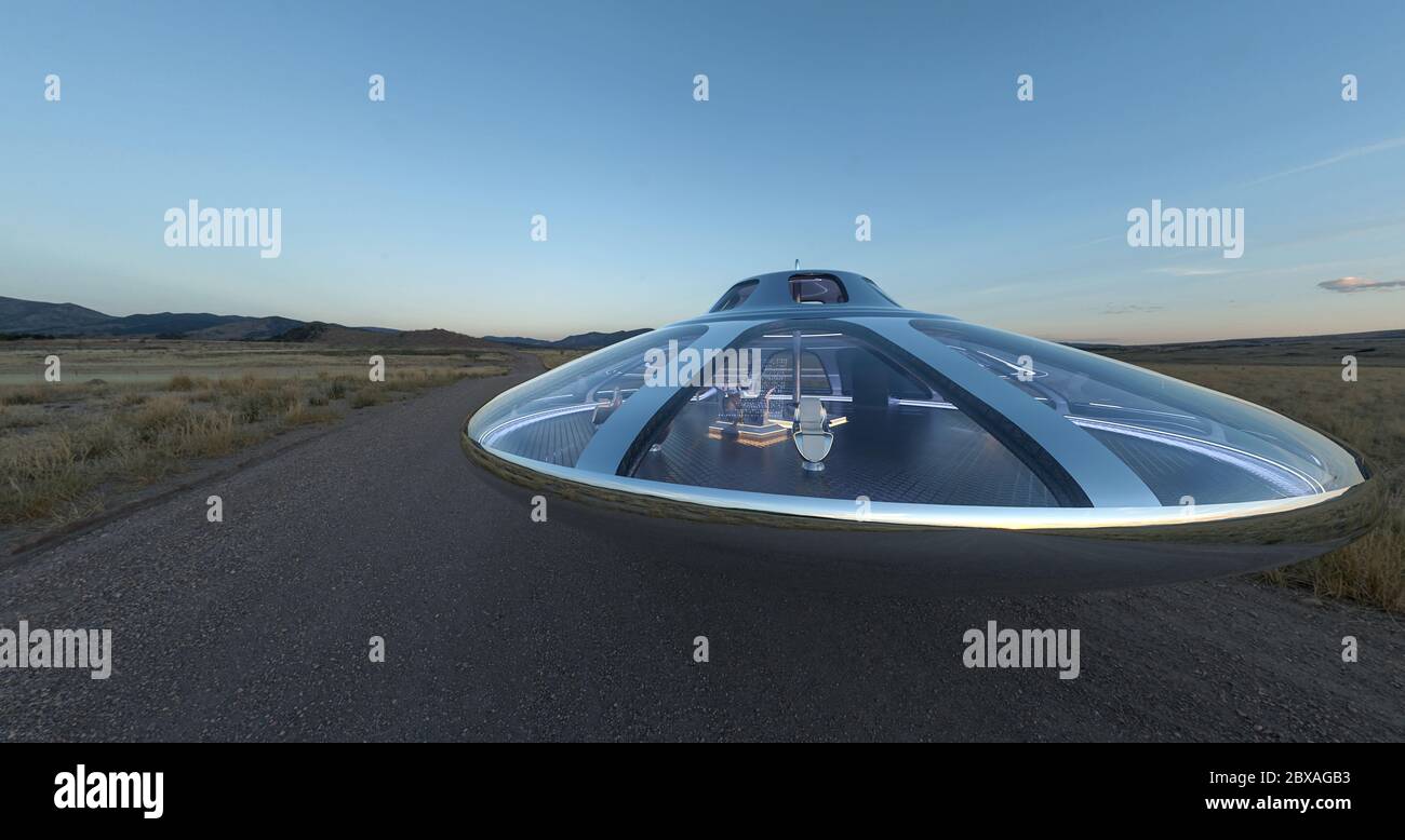 ufo nave spaziale galleggiare su desertico luogo, illustrazione 3d Foto Stock