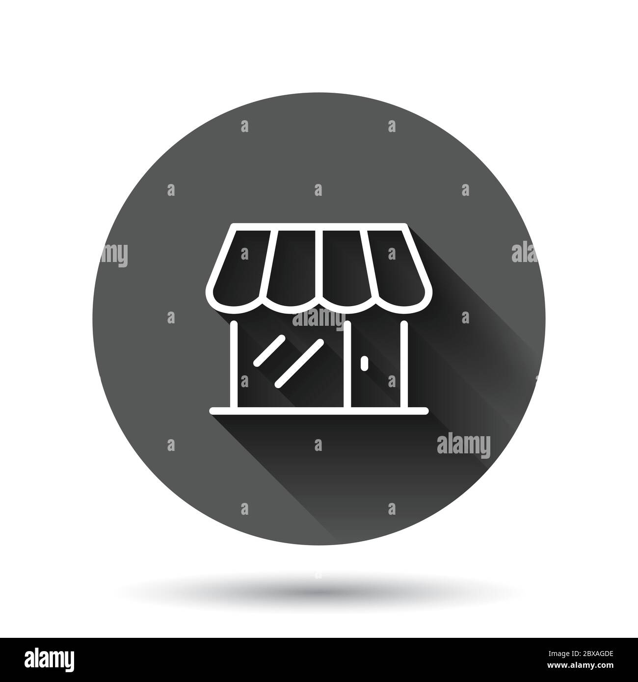 Icona del centro commerciale in stile piatto. Memorizzare l'illustrazione vettoriale su sfondo nero rotondo con effetto di ombra lungo. Acquista il concetto di business dei pulsanti Circle. Illustrazione Vettoriale