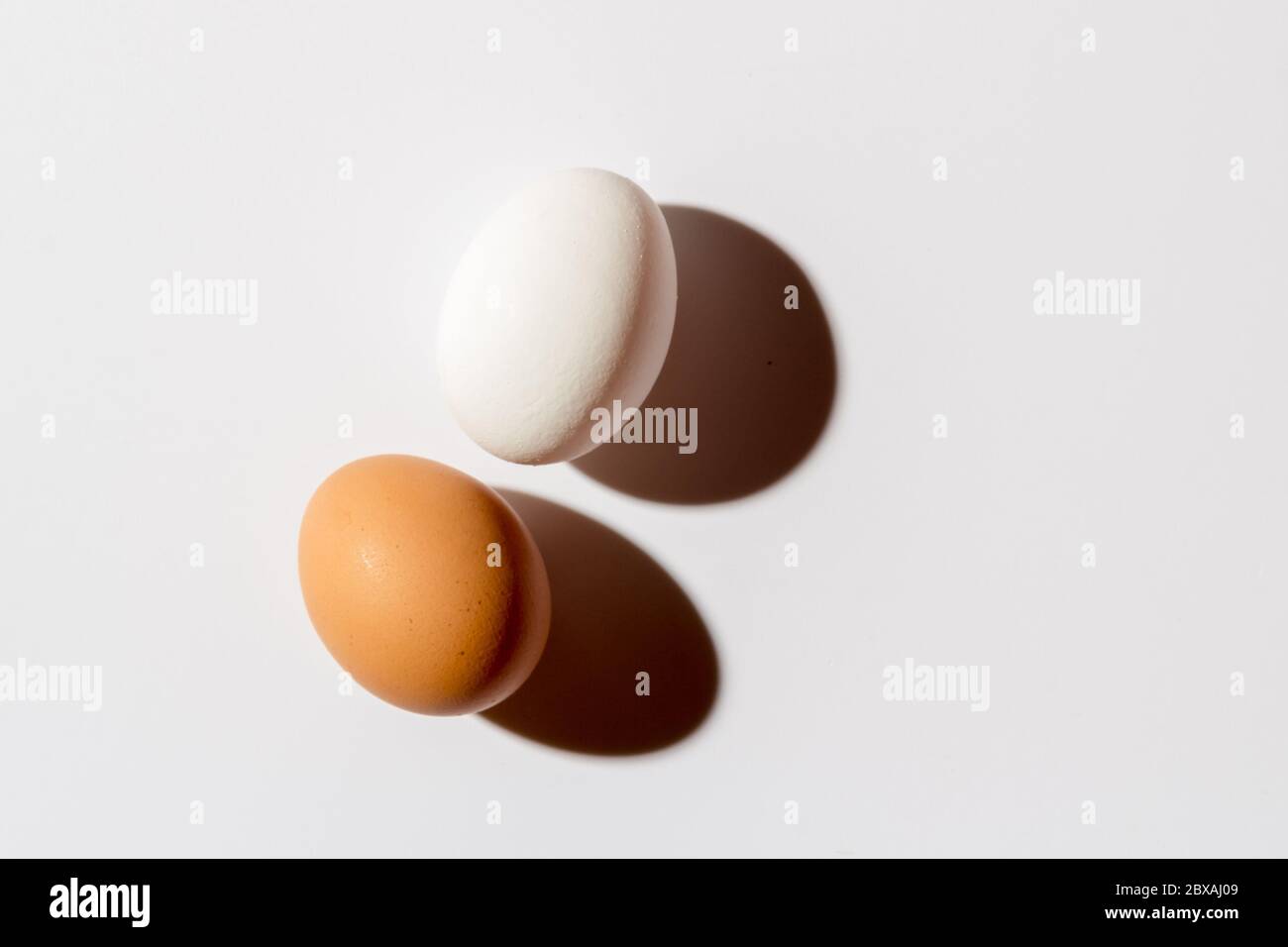 Due uova bianche giacciono su uno sfondo bianco Foto Stock