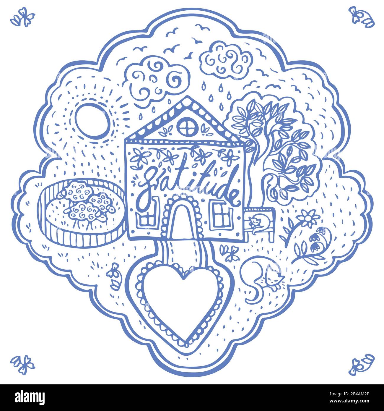 Vector doodle accogliente set di illustrazione cottage, biglietto di auguri, bambini, folkart, icona di hygge. Contorno blu. Pennello dipinto moderno icona kit su sfondo bianco vettore isolato Illustrazione Vettoriale