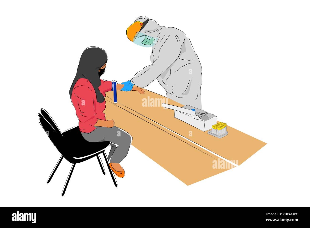 Disegno di mano schizzo, medico permanente o infermiere uso Hazmat e schermo facciale preparazione del test di sangue per Covid-19, alla donna seduta Illustrazione Vettoriale