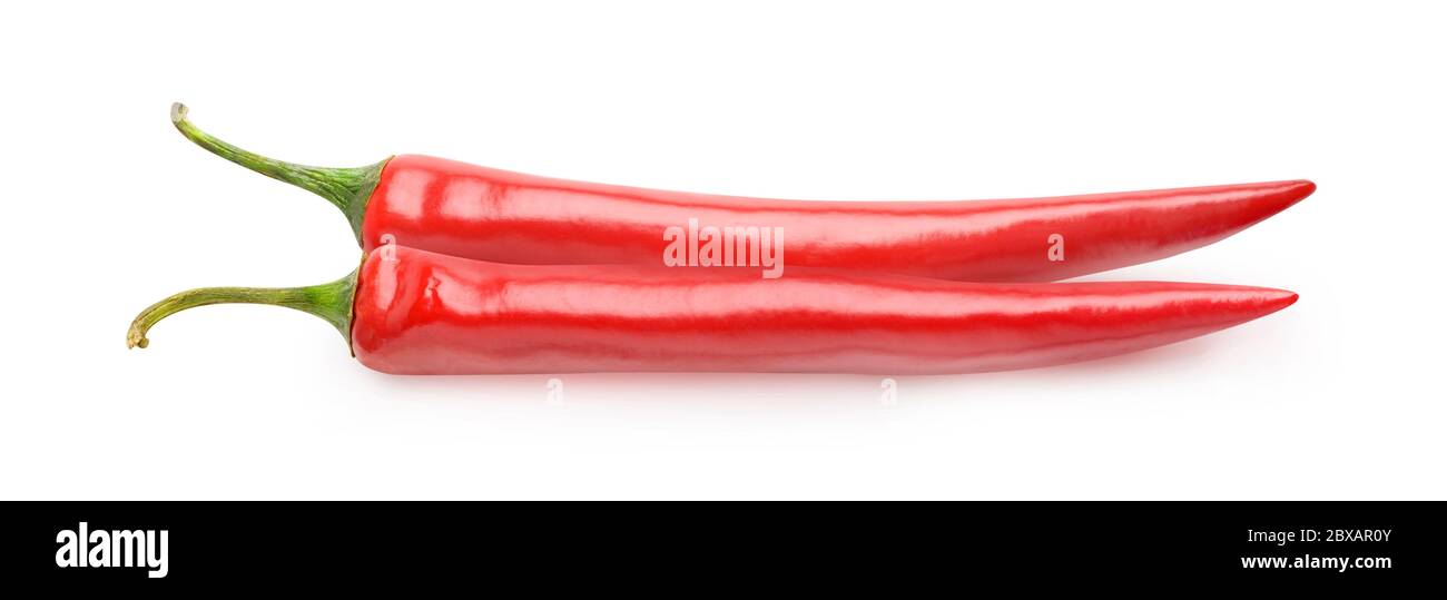 Coppia di peperoncino rosso isolato su sfondo bianco Foto Stock