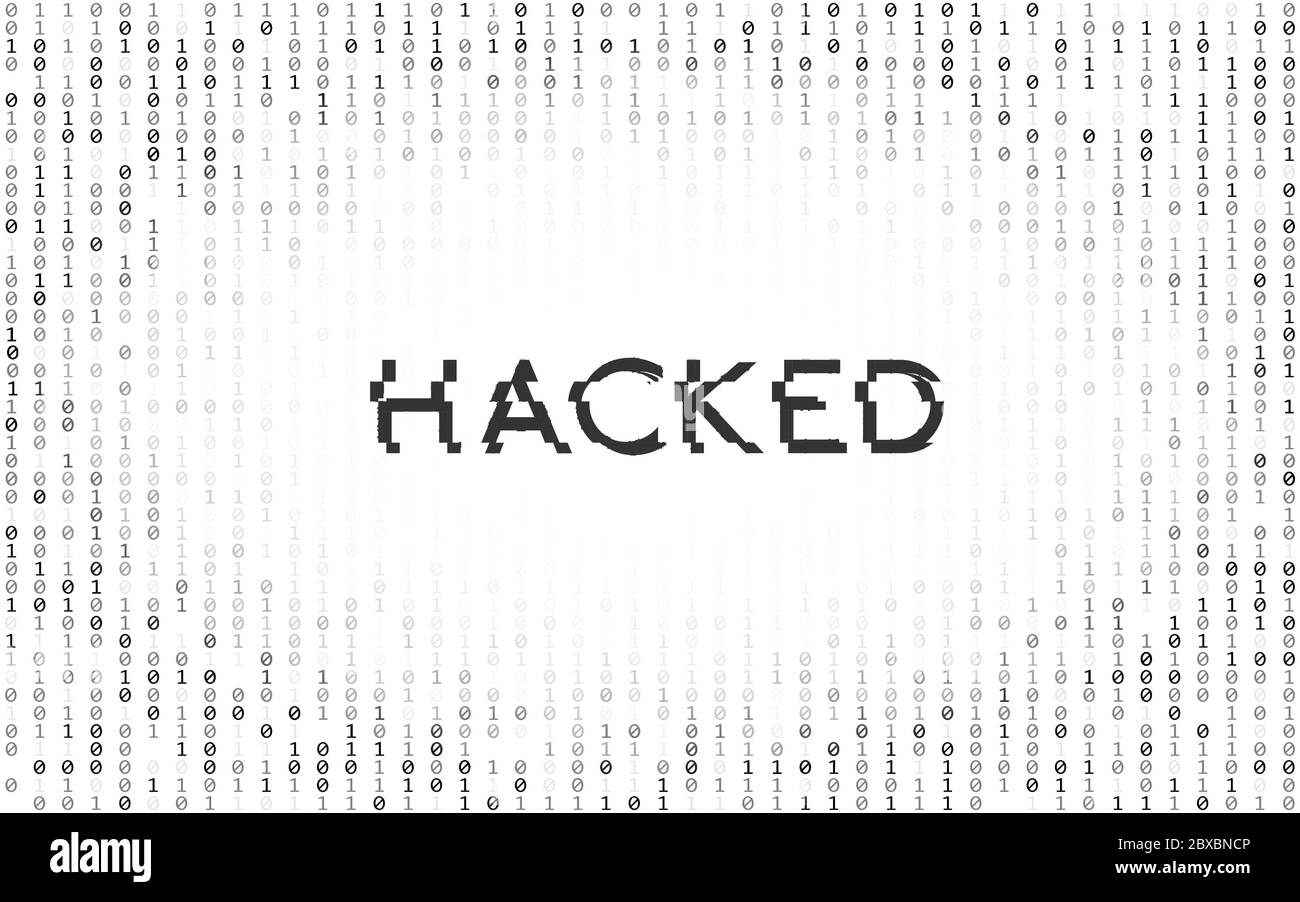 Hacked glitch con effetto matrice. Codice binario su sfondo bianco. Concetto di attacco hacker. Errore dati digitali. Cifre in discesa astratte. Vettore Illustrazione Vettoriale