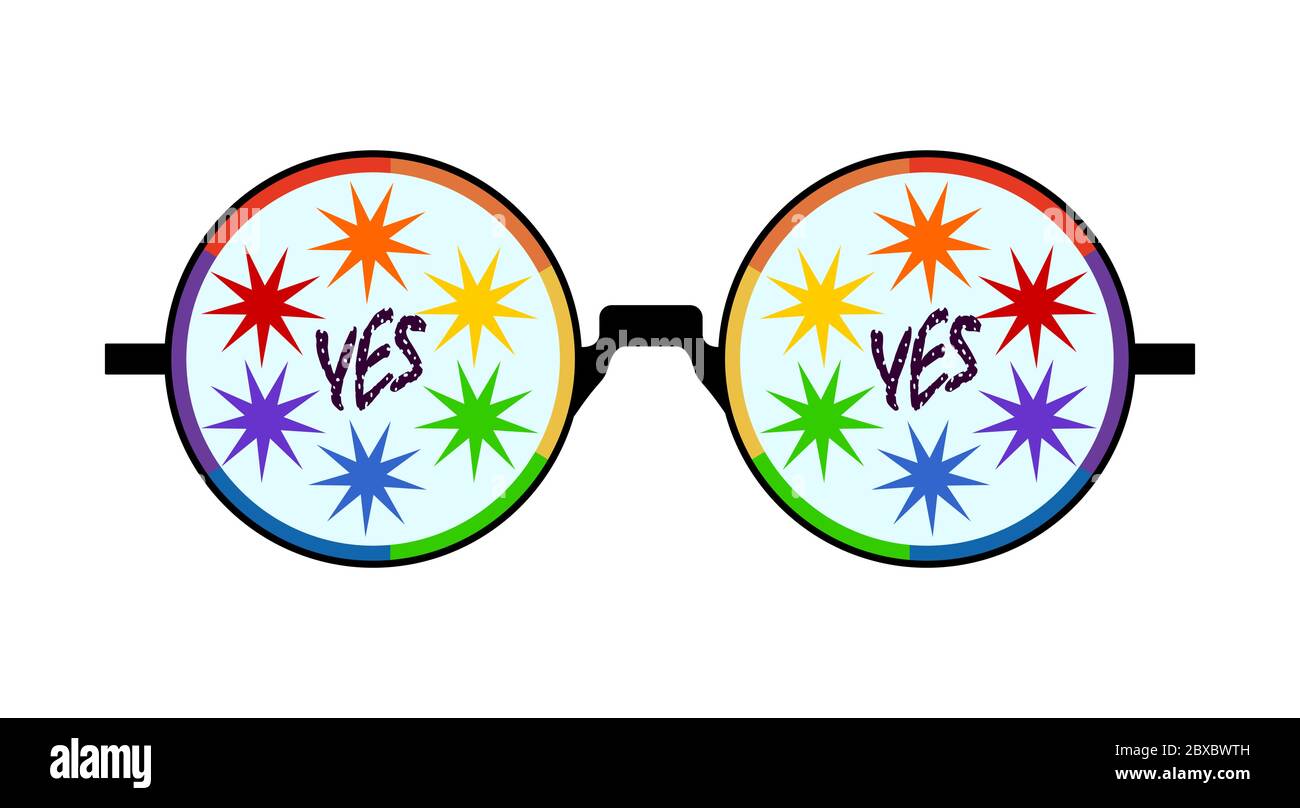 Vetri rotondi con cornice di colore LGBT e stelle dipinte su bicchieri e l'iscrizione sì nero Illustrazione Vettoriale