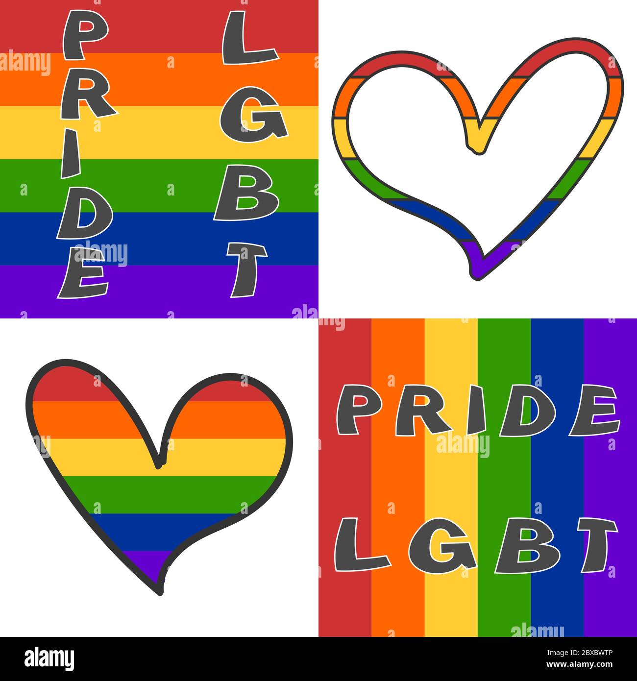 Bandiere quadrate LGBT con iscrizioni LGBT e orgoglio di colore grigio e un cuore e un cuore di contorno colori della bandiera LGBT Illustrazione Vettoriale