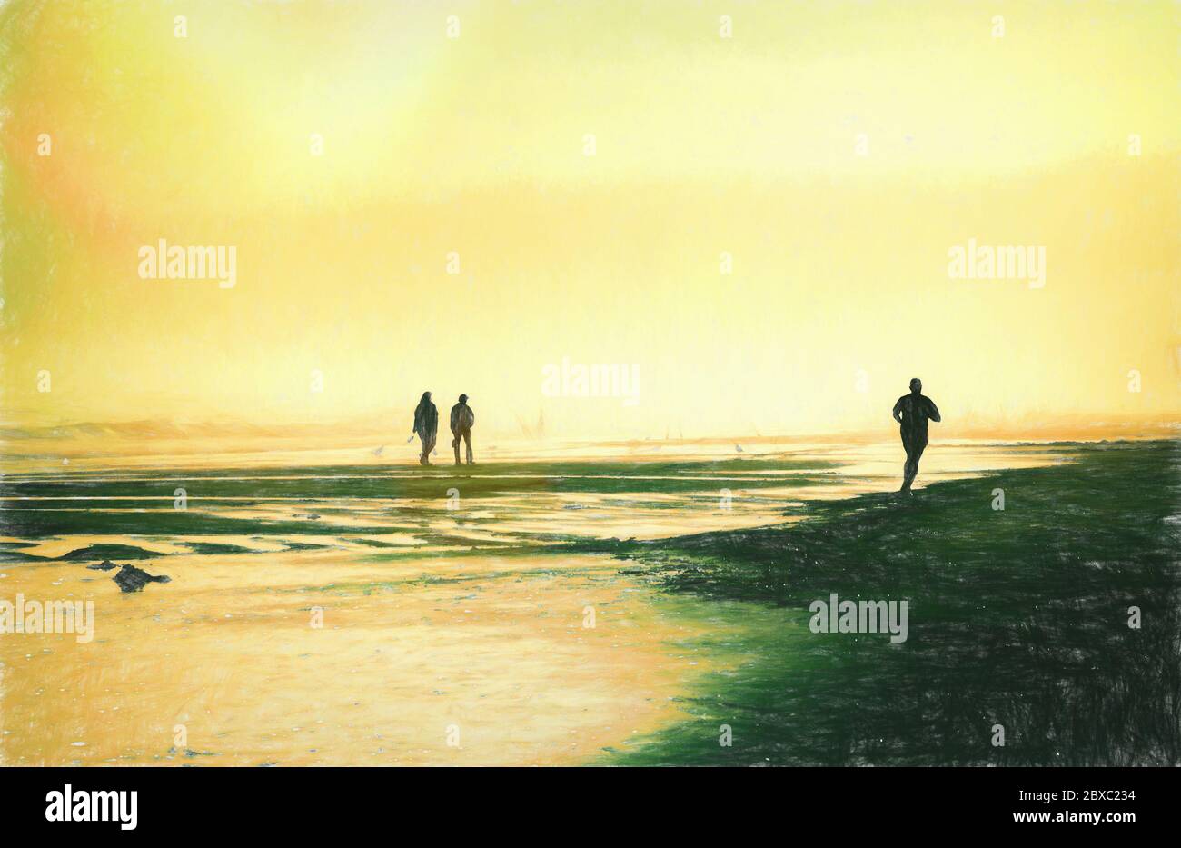 Arte digitale di un tramonto foggoso a Myrtle Beach, South Carolina. Persone che si esercitano sulla spiaggia. Foto Stock