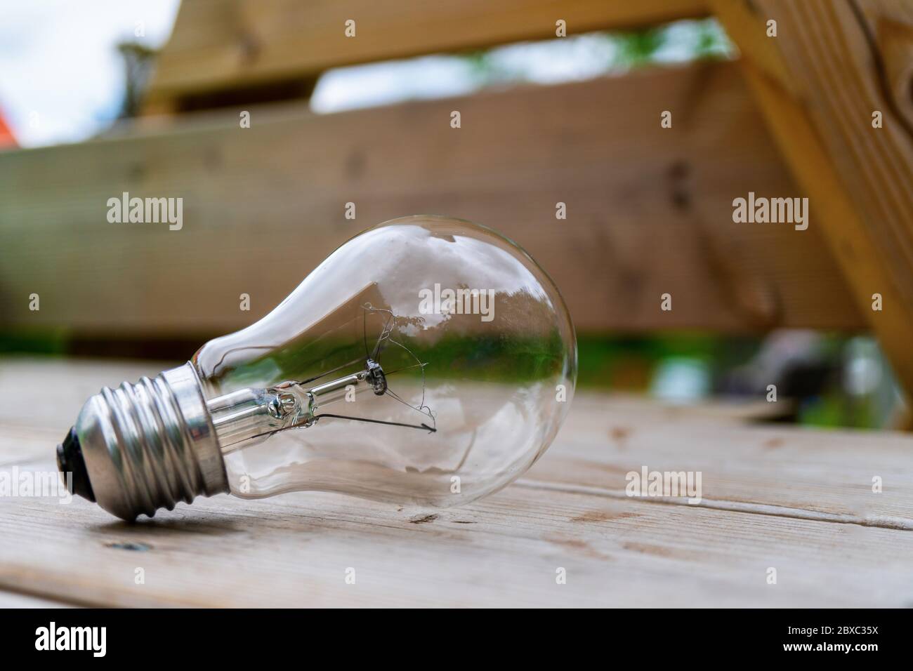 Lampadina sulla tavola di legno. Concetto di energia verde Foto Stock