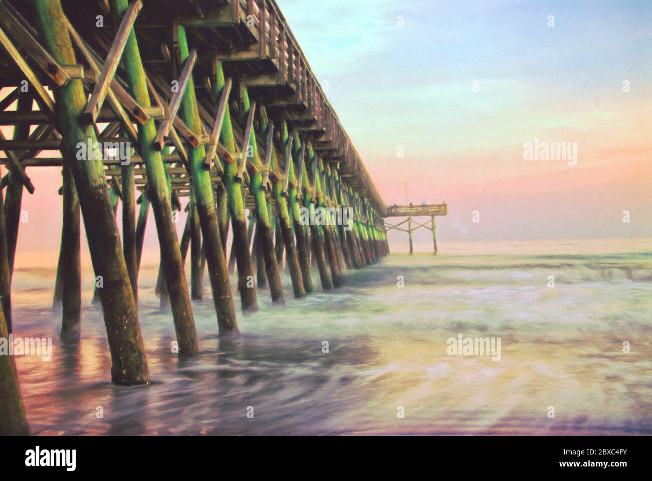 Arte digitale di una lunga esposizione della macchina fotografica durante il tramonto a Myrtle Beach South Carolina. Foto Stock