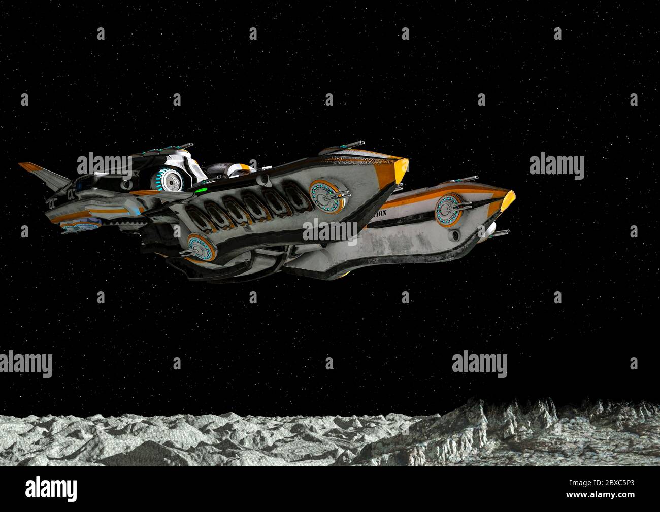 navicella spaziale super aliena che vola sulla luna. Questa nave in clipping percorso metterà un po 'di divertimento per le tue creazioni, illustrazione 3d Foto Stock