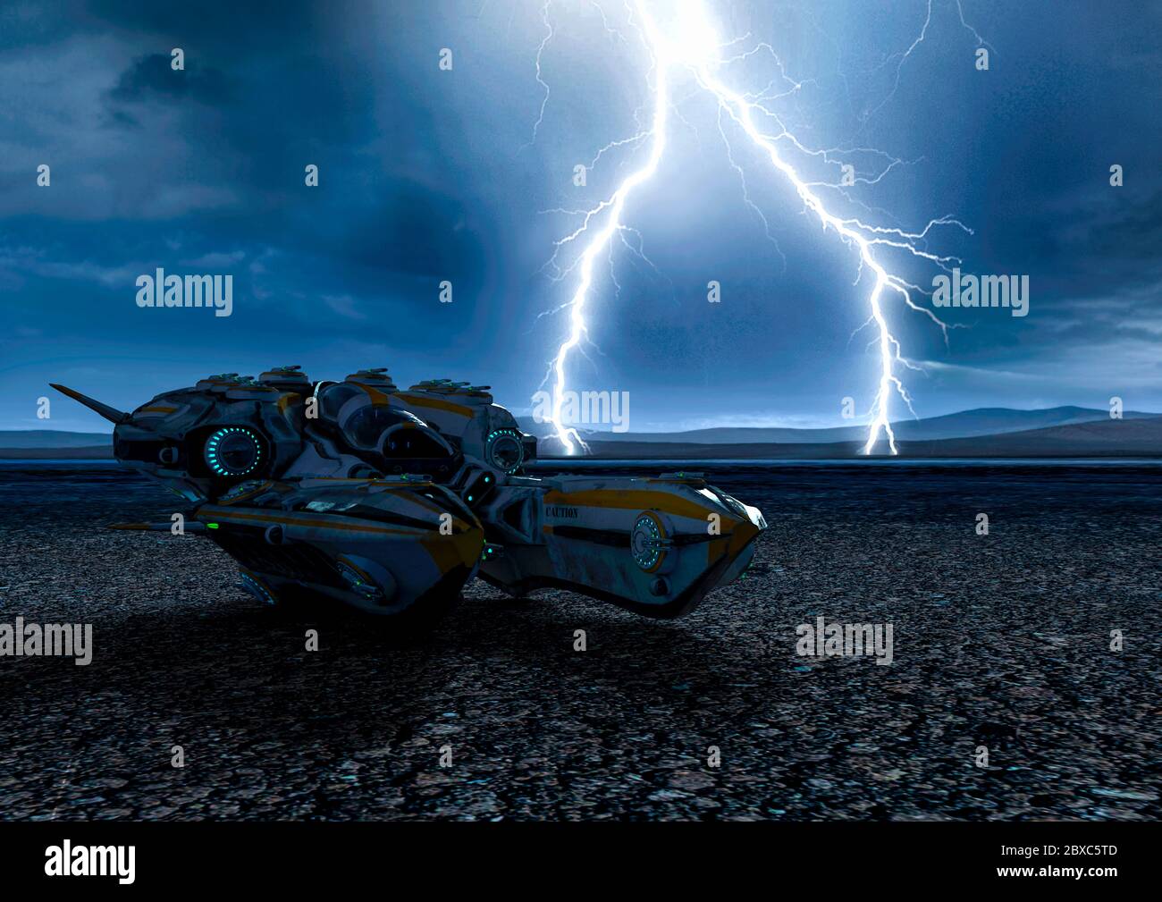 la navicella spaziale super alien nella tempesta fulminea sta arrivando. Questa nave in clipping percorso metterà un po 'di divertimento per le tue creazioni, illustrazione 3d Foto Stock