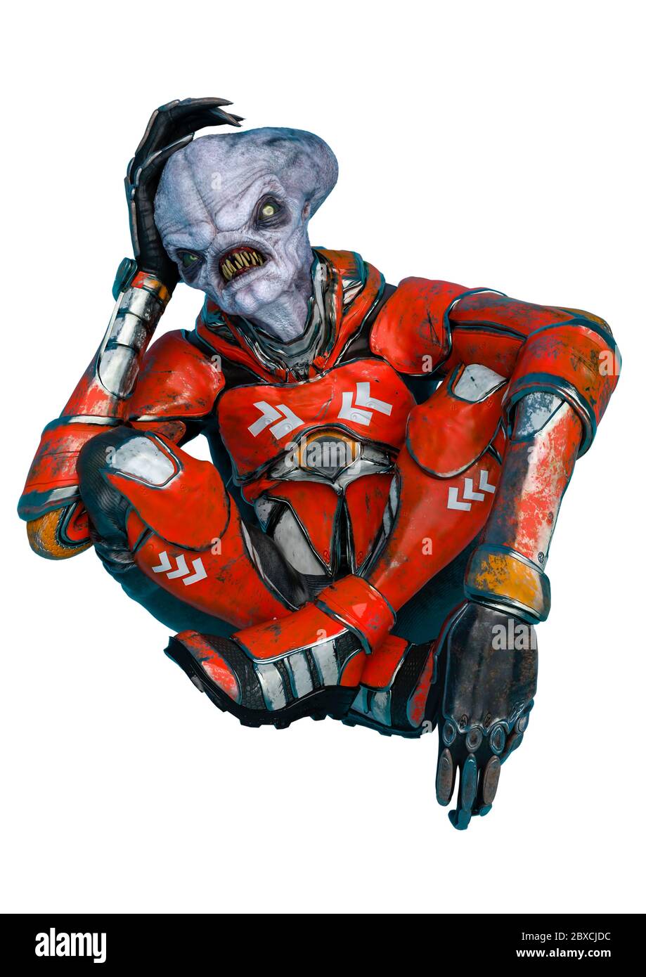 alieno ufficiale su un vestito fantascientifico sta pensando a in uno sfondo bianco. Questo astronauta alieno nel tracciato di ritaglio è molto utile per il disegno grafico cre Foto Stock