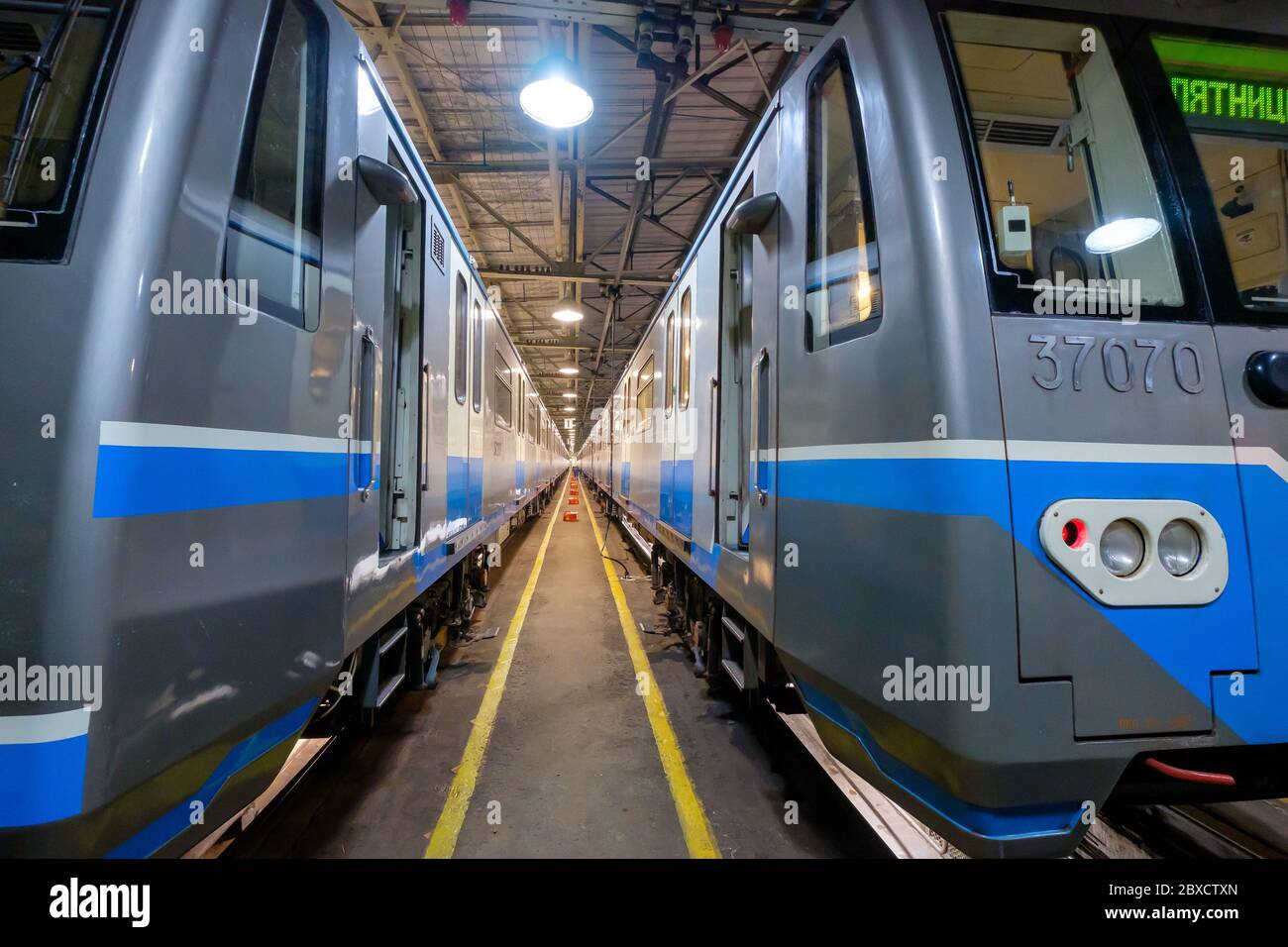 Treno della metropolitana metro depot Krasnaya Presnya interno Foto Stock