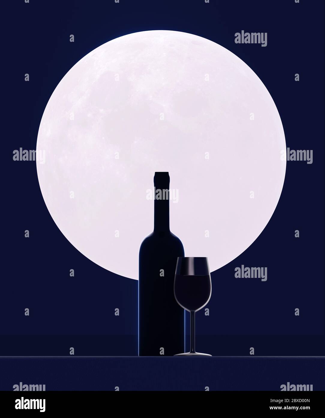 una bottiglia di vino e un bicchiere di vino sullo sfondo di una luna enorme Foto Stock