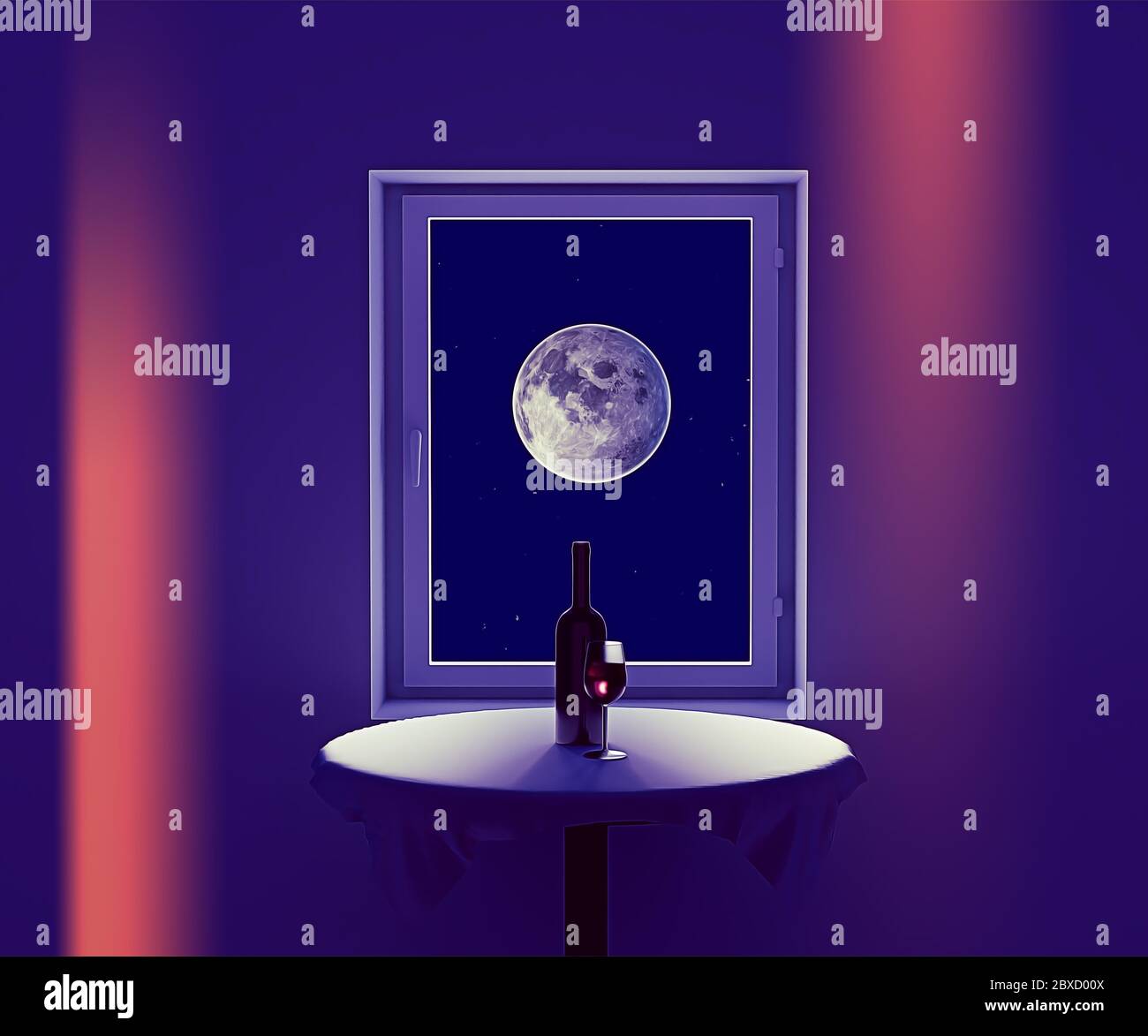 una bottiglia di vino e un bicchiere di vino sullo sfondo di una grande luna, resa 3d Foto Stock
