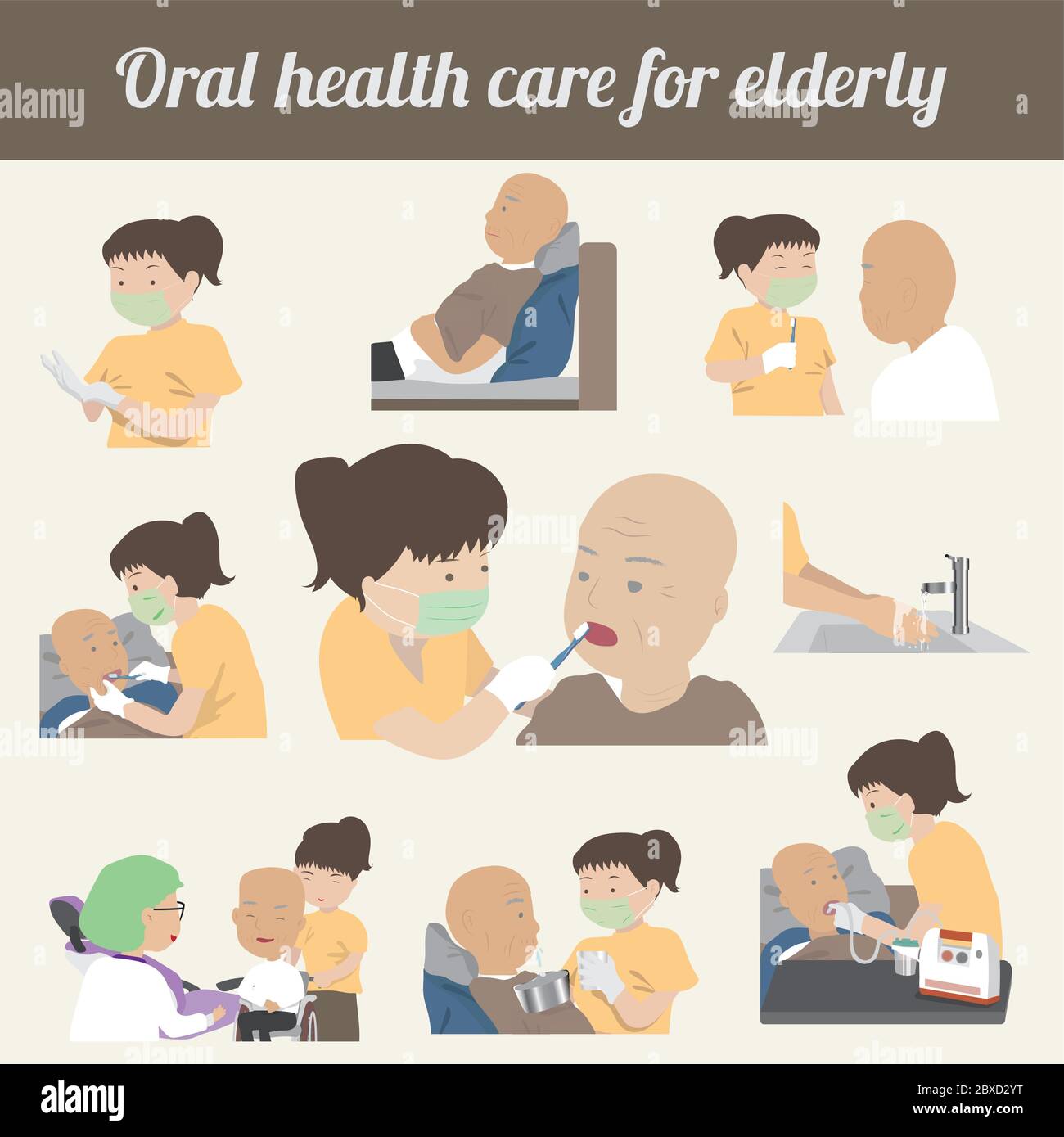Cura dei denti e della bocca per persone anziane che non possono usare le mani o che hanno un movimento debole Illustrazione Vettoriale