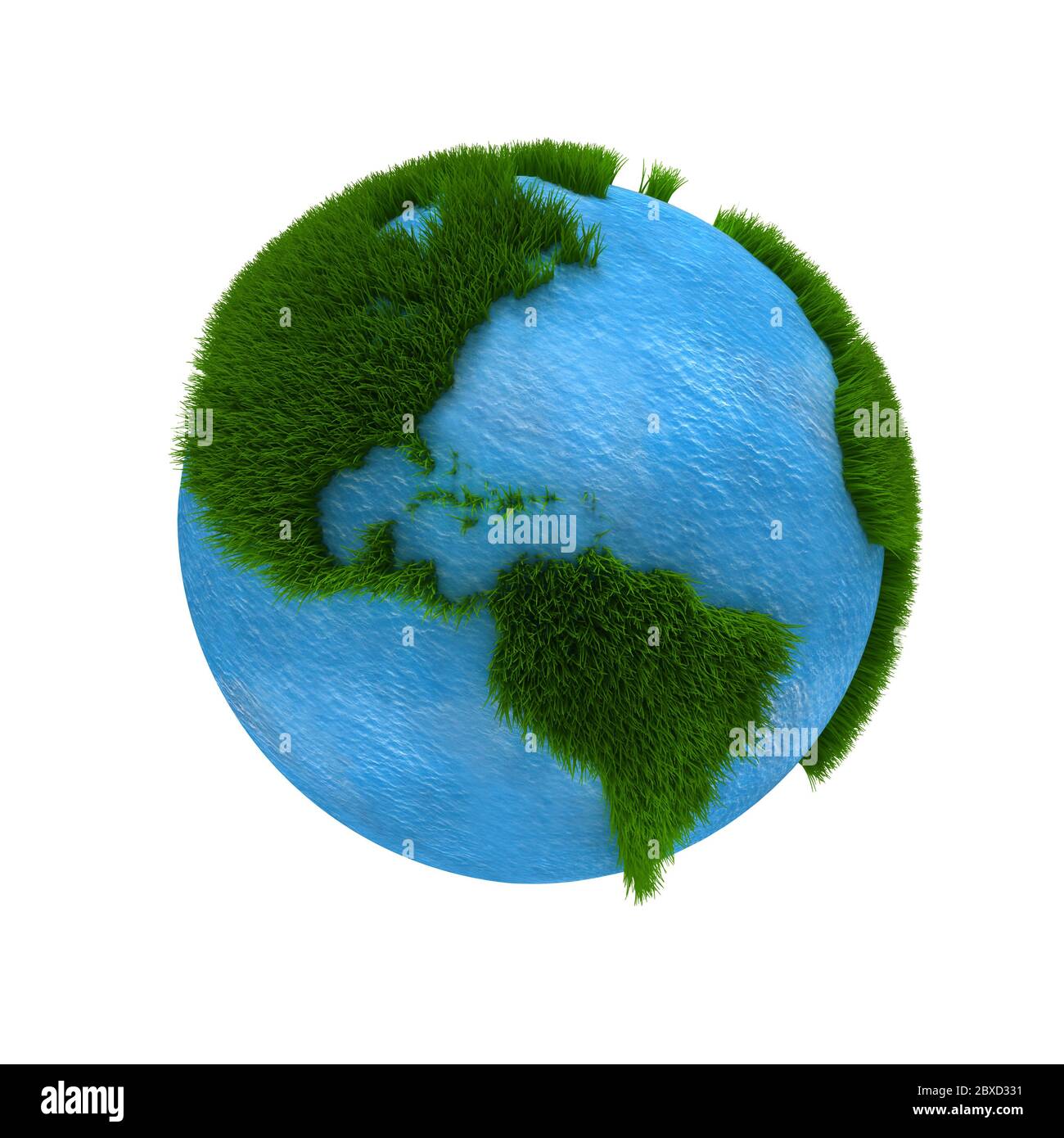 Concetto ecologico della Terra 3D. Pianeta Terra resa con i continenti ricoperti di erba e un'acqua blu ondulata per gli oceani Foto Stock Concetto ecologico della Terra 3D. Pianeta Terra resa con i continenti ricoperti di erba e un'acqua blu ondulata per gli oceani Foto Stock