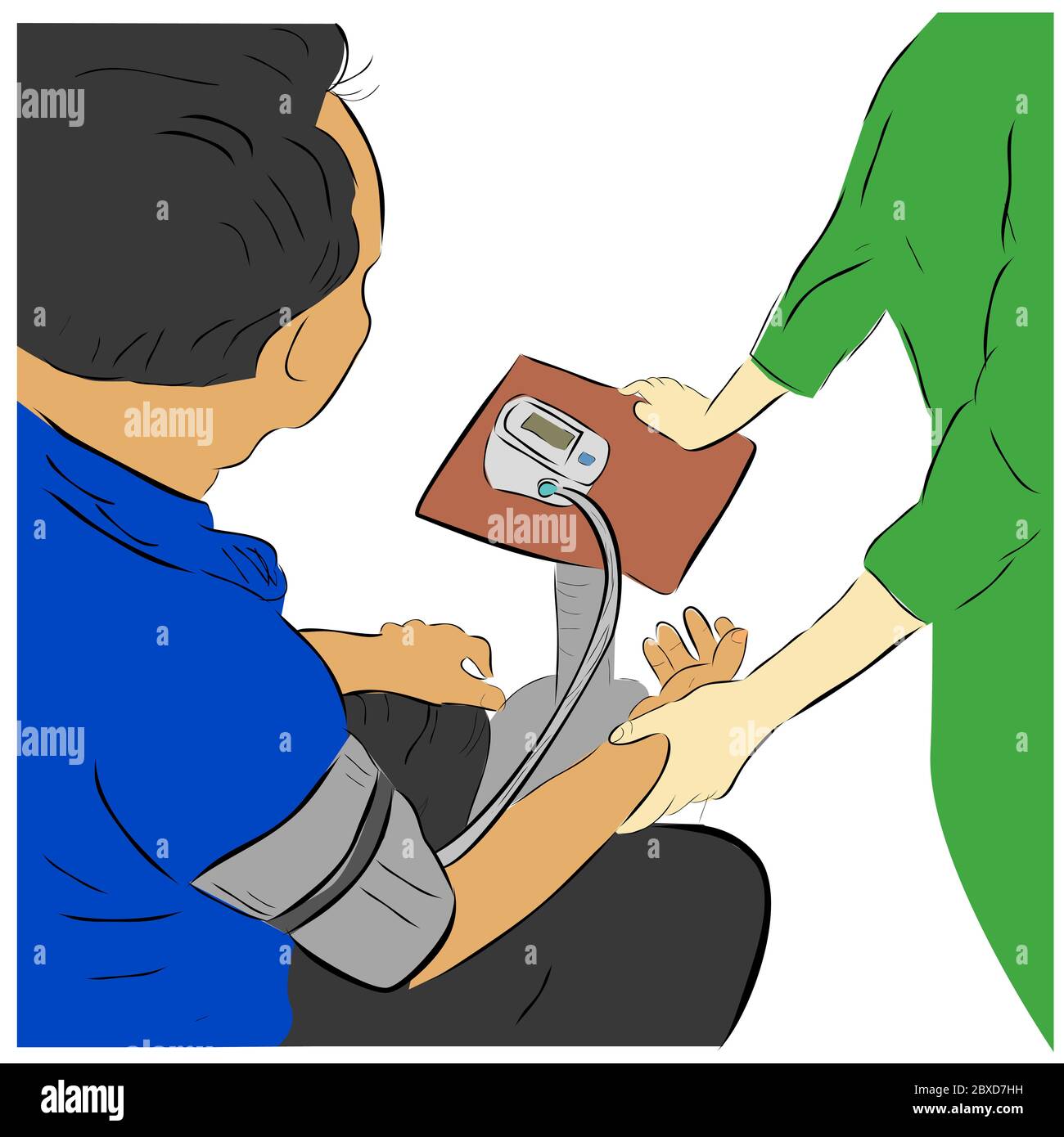 Disegno di mano schizzo, uomo seduto facendo controllo medico, usando Hijab e maschera infermiere in piedi Illustrazione Vettoriale