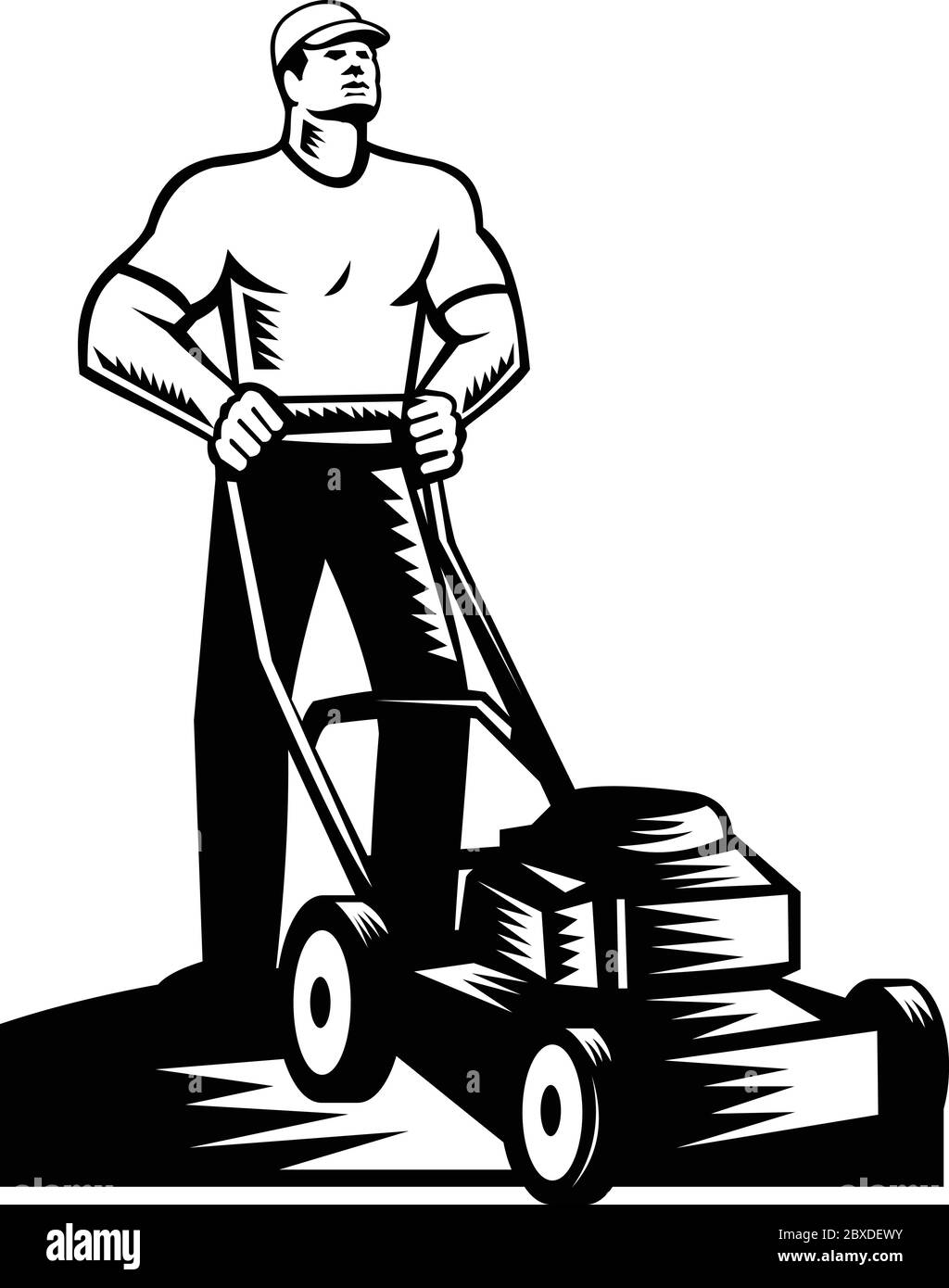 Illustrazione in bianco e nero di giardiniere maschile, paesaggista, falegname o falciatrice con falciatrice da prato rivolto verso la parte anteriore in stile retrò Illustrazione Vettoriale