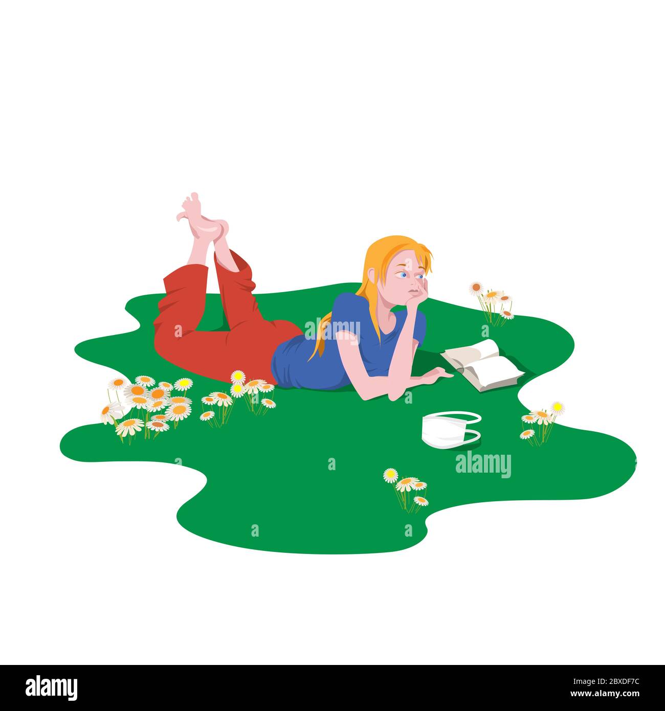 Una ragazza carina sognante si trova su un prato con un libro tra i fiori di margherite. Illustrazione vettoriale dei caratteri cartoni animati in stile piatto. Illustrazione Vettoriale