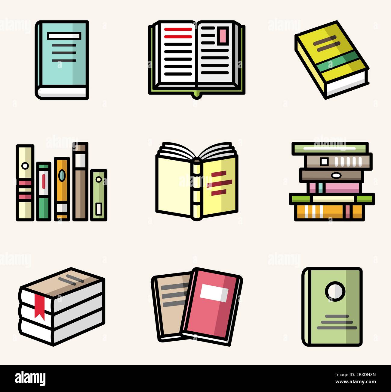 Icone di libri. Set di illustrazioni colorate isolate di stile piatto vettoriale Illustrazione Vettoriale
