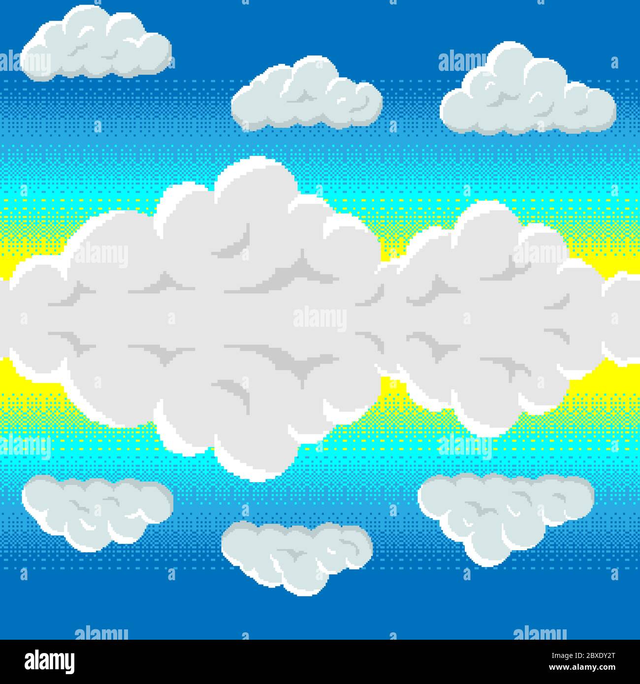 modello senza giunture a 8 bit in stile arcade retrò. Cielo blu e nuvole di pixel impilate. Illustrazione Vettoriale