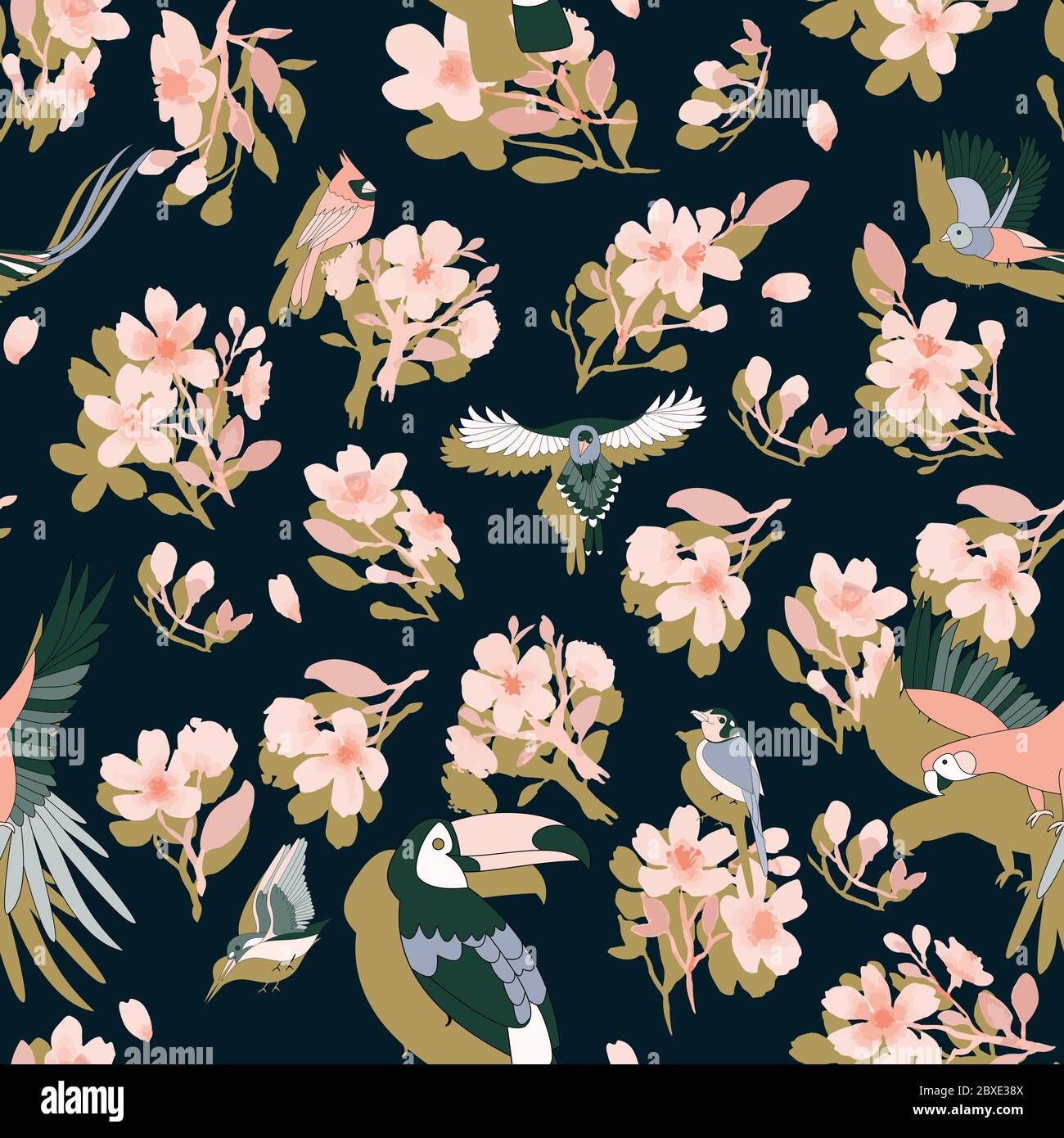 Motivo senza cuciture con fiori rosa sakura e uccelli tropicali, pappagalli. Su sfondo nero. Contrasto sfondo per tessuto. Illustrazione Vettoriale