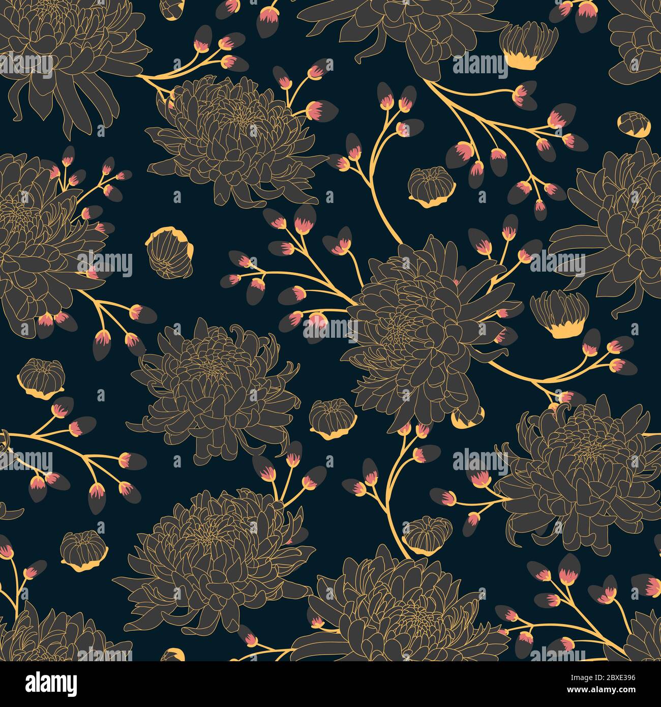 Motivo senza cuciture con grandi crisantemi in colori scuri. Illustrazione Vettoriale