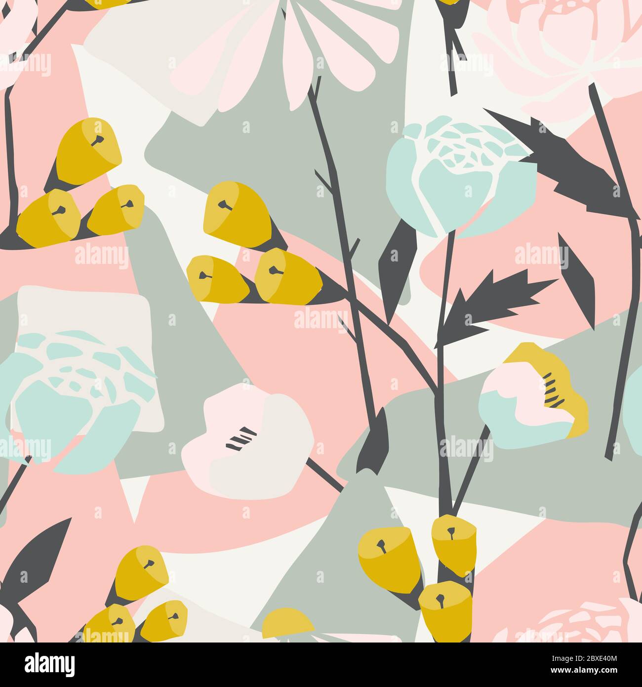 Moderno motivo astratto senza giunture con forme geometriche, fiori in fiore. Delicato sfondo rosa Illustrazione Vettoriale